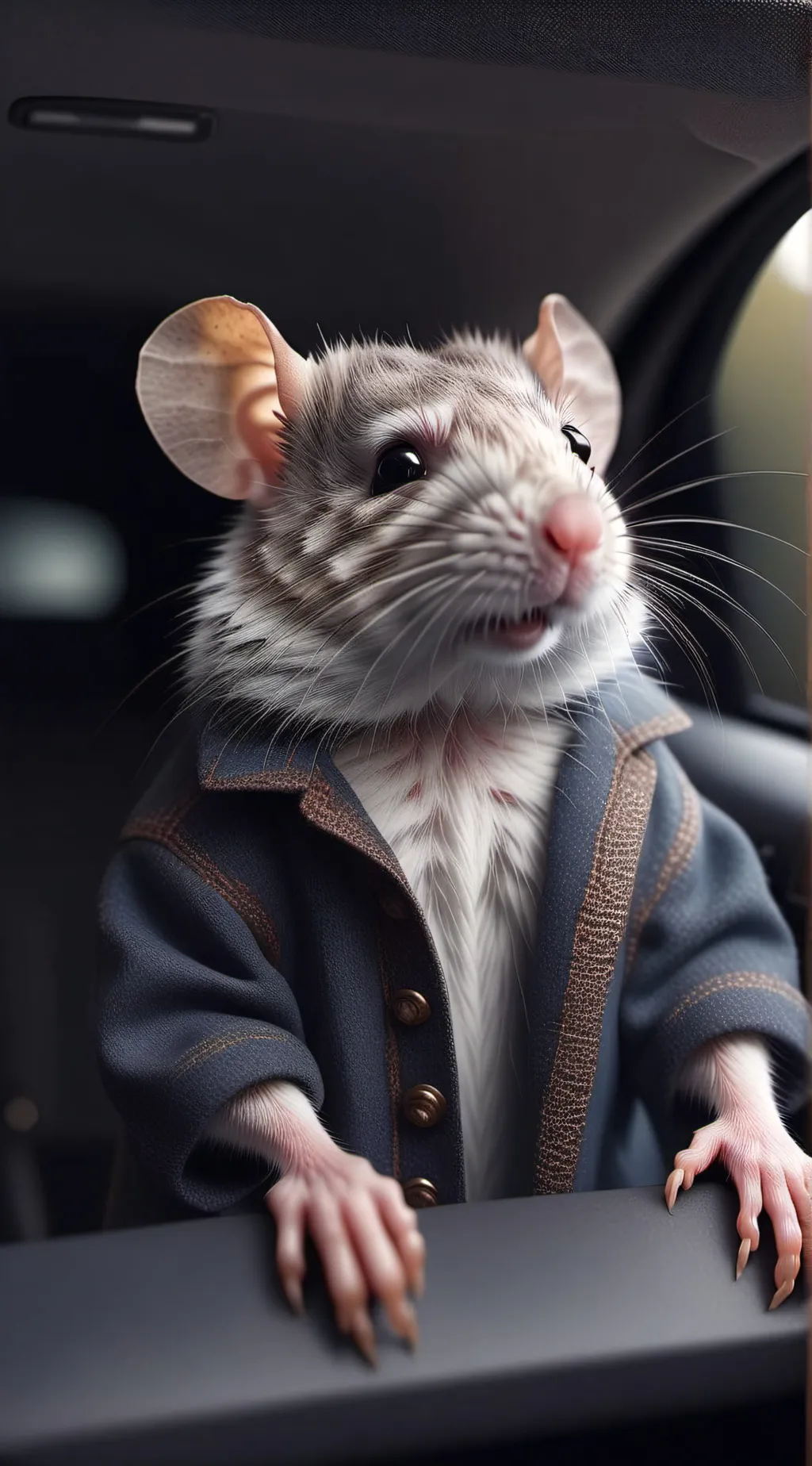 ai character: rat in a car background