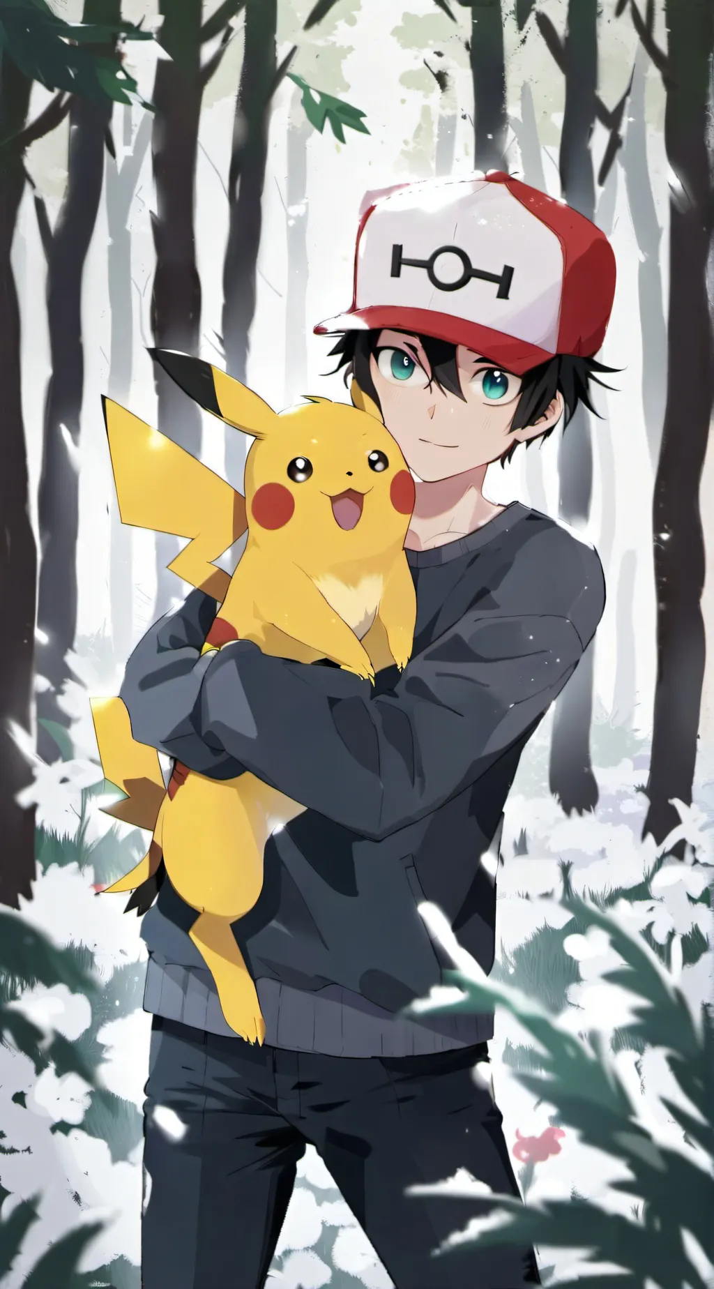ai character: Ash and pikachu background