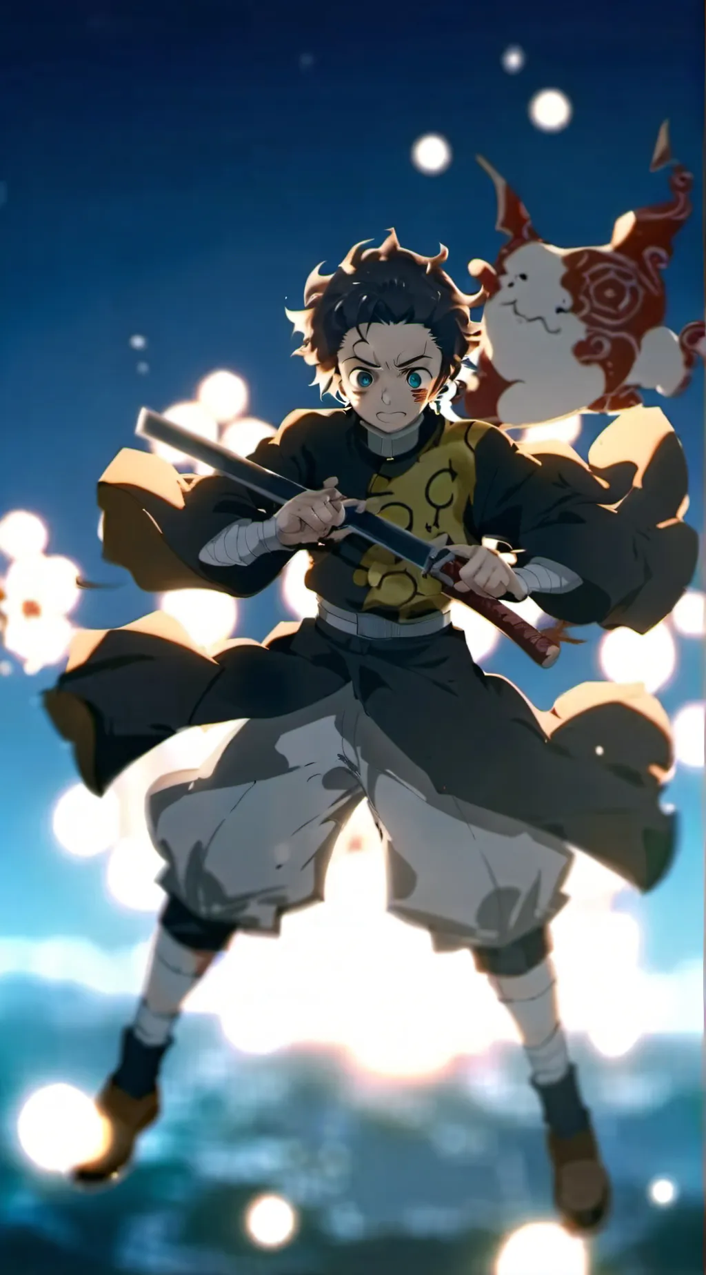 ai character: Tanjiro with a gun background