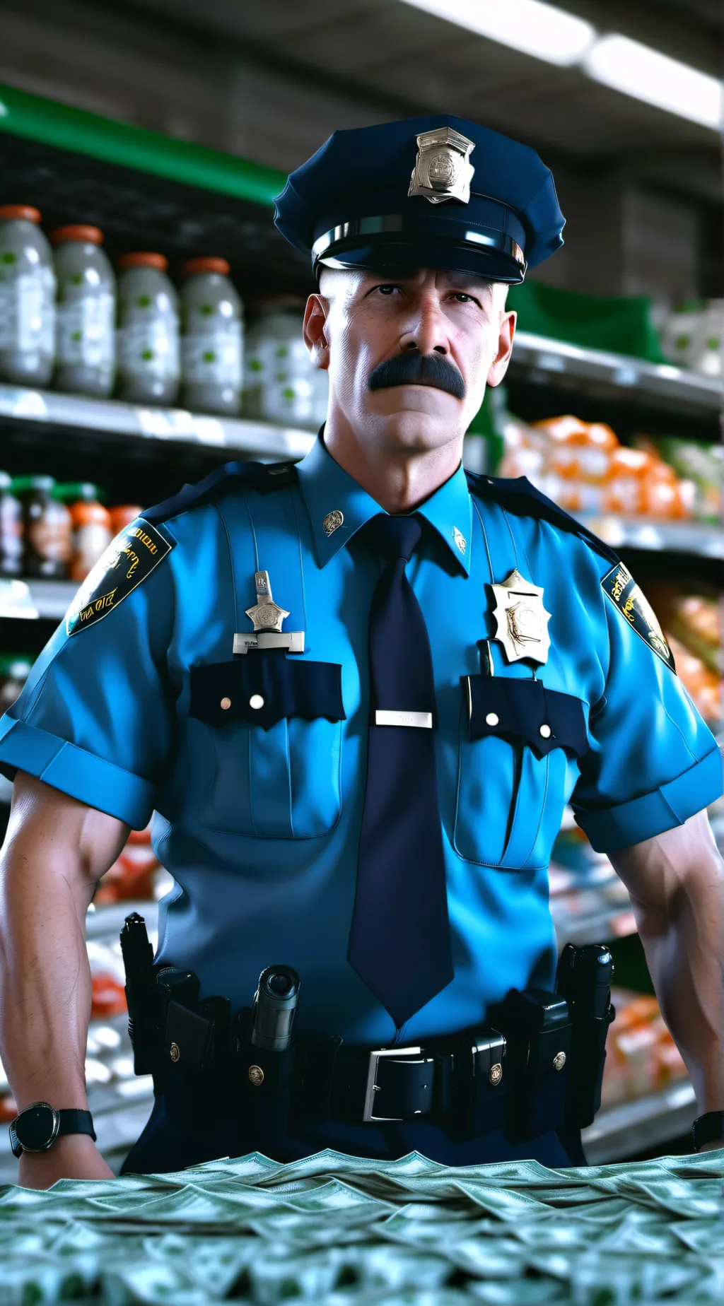 ai character: WalMart cop  background