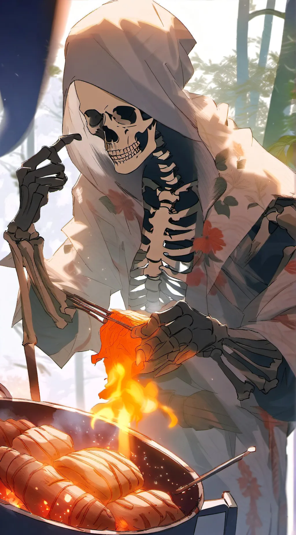 ai character: Roasting skeleton  background