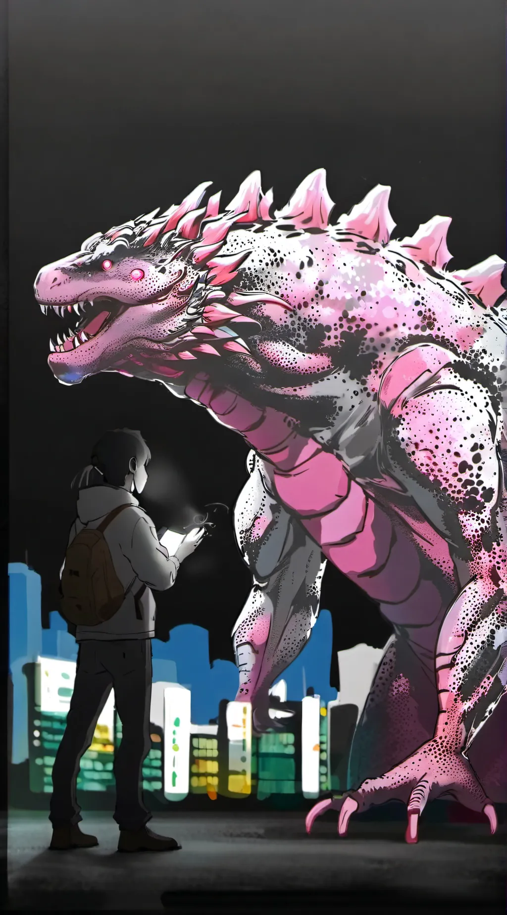 ai character: Pink godzilla background