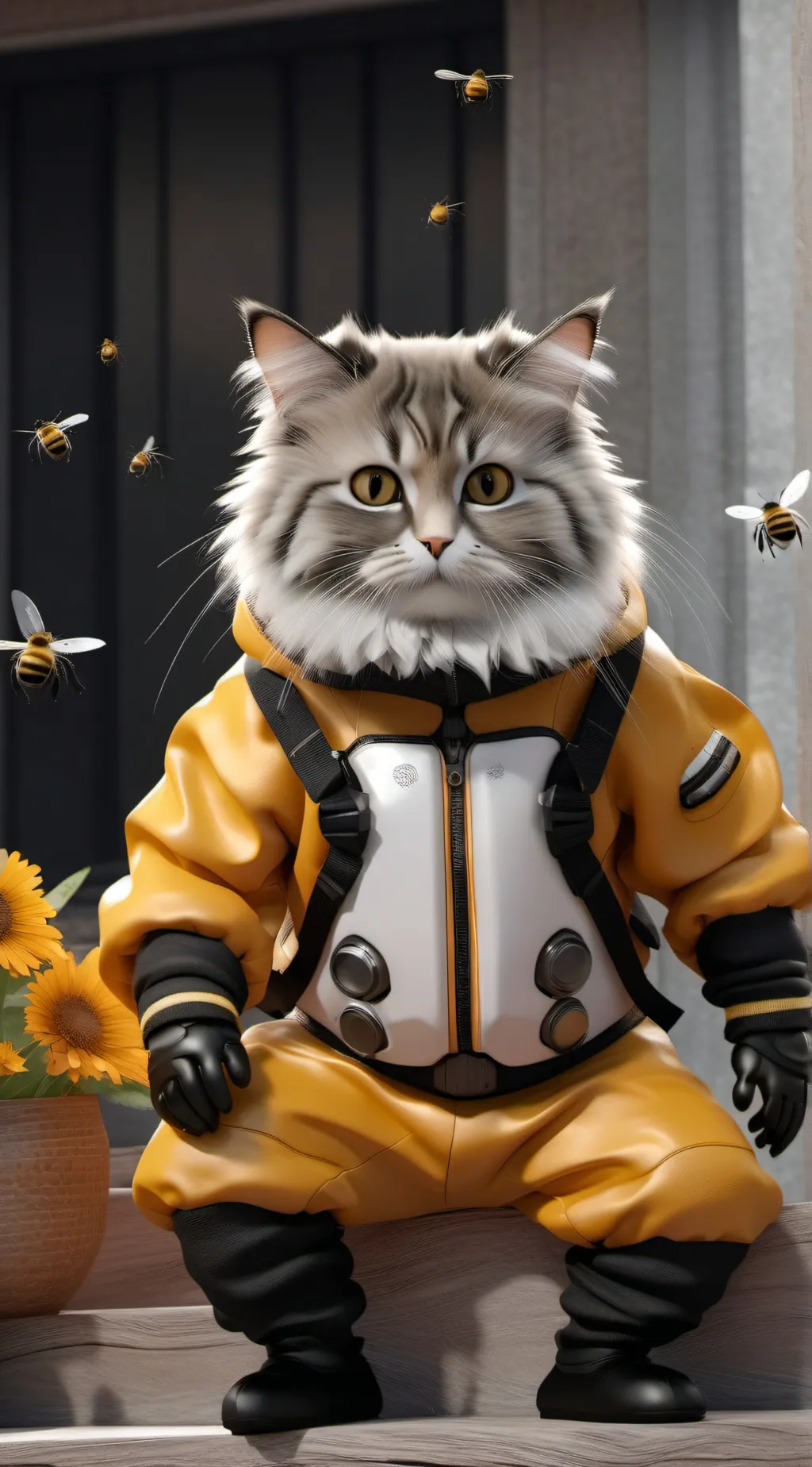 ai character: cat is owner bee background