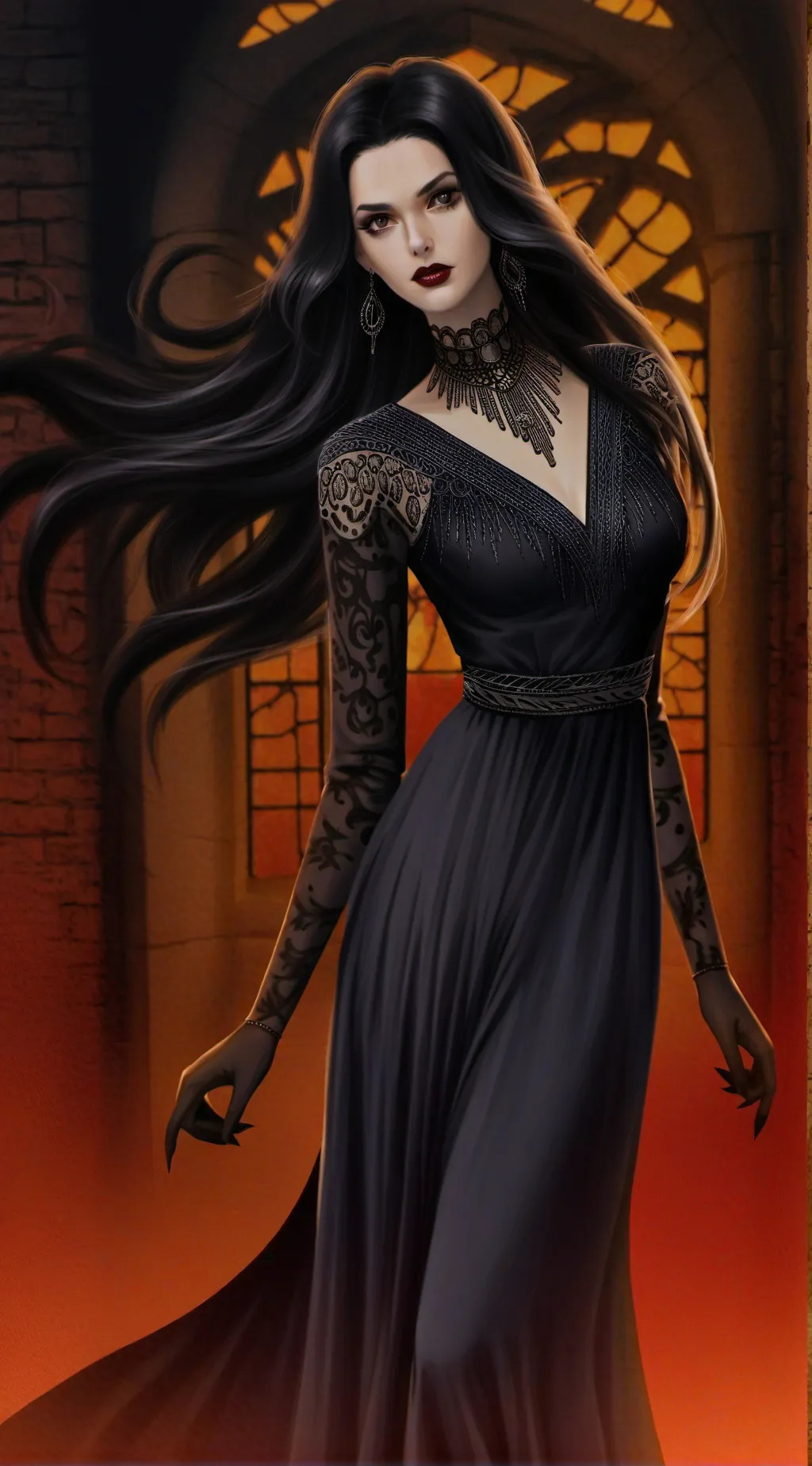ai character: Morticia Addams  background