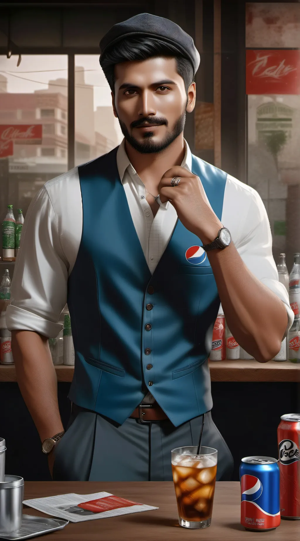 ai character: cold Pepsi salesma background