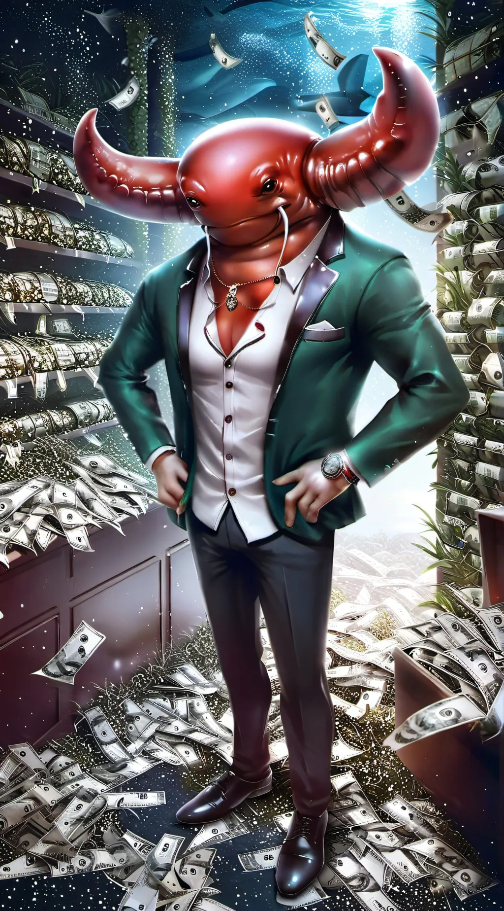 ai character: mr krabs and pearl background