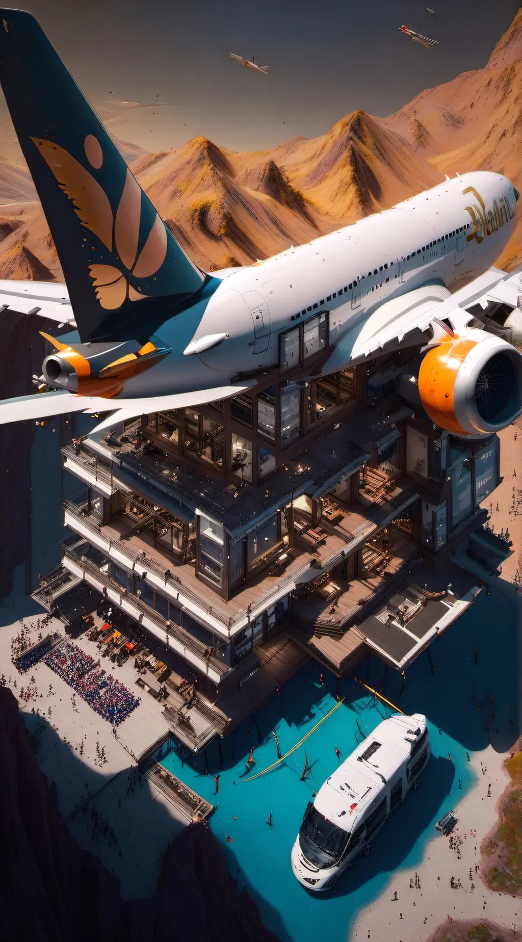 ai character: Crashing AirbusA38 background