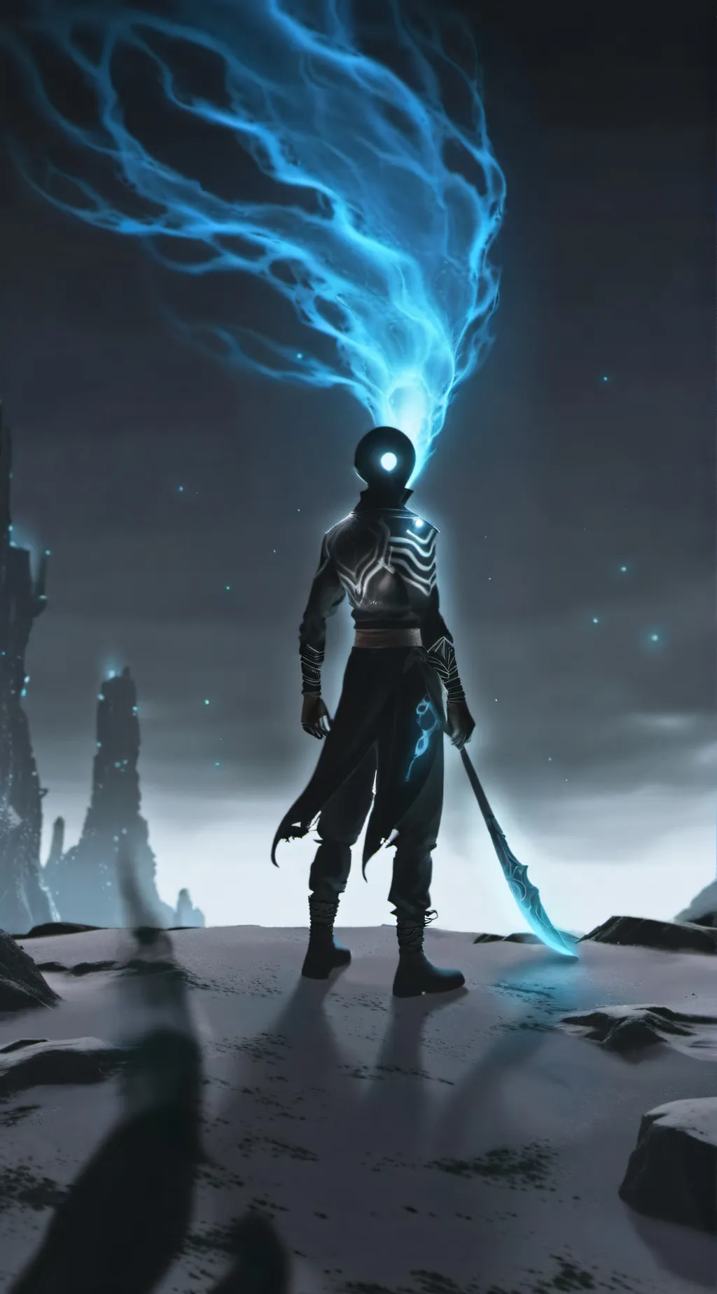 ai character: blue flames background