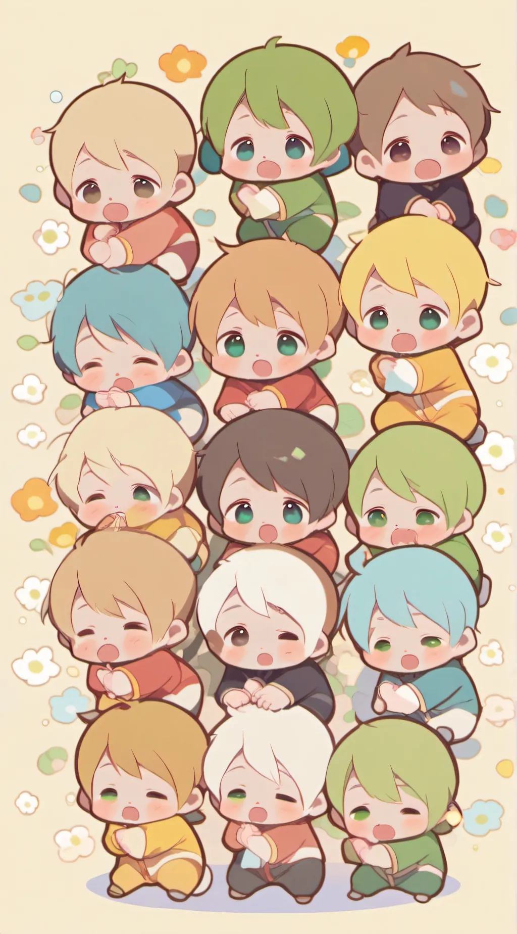 ai character: 15 babies  background