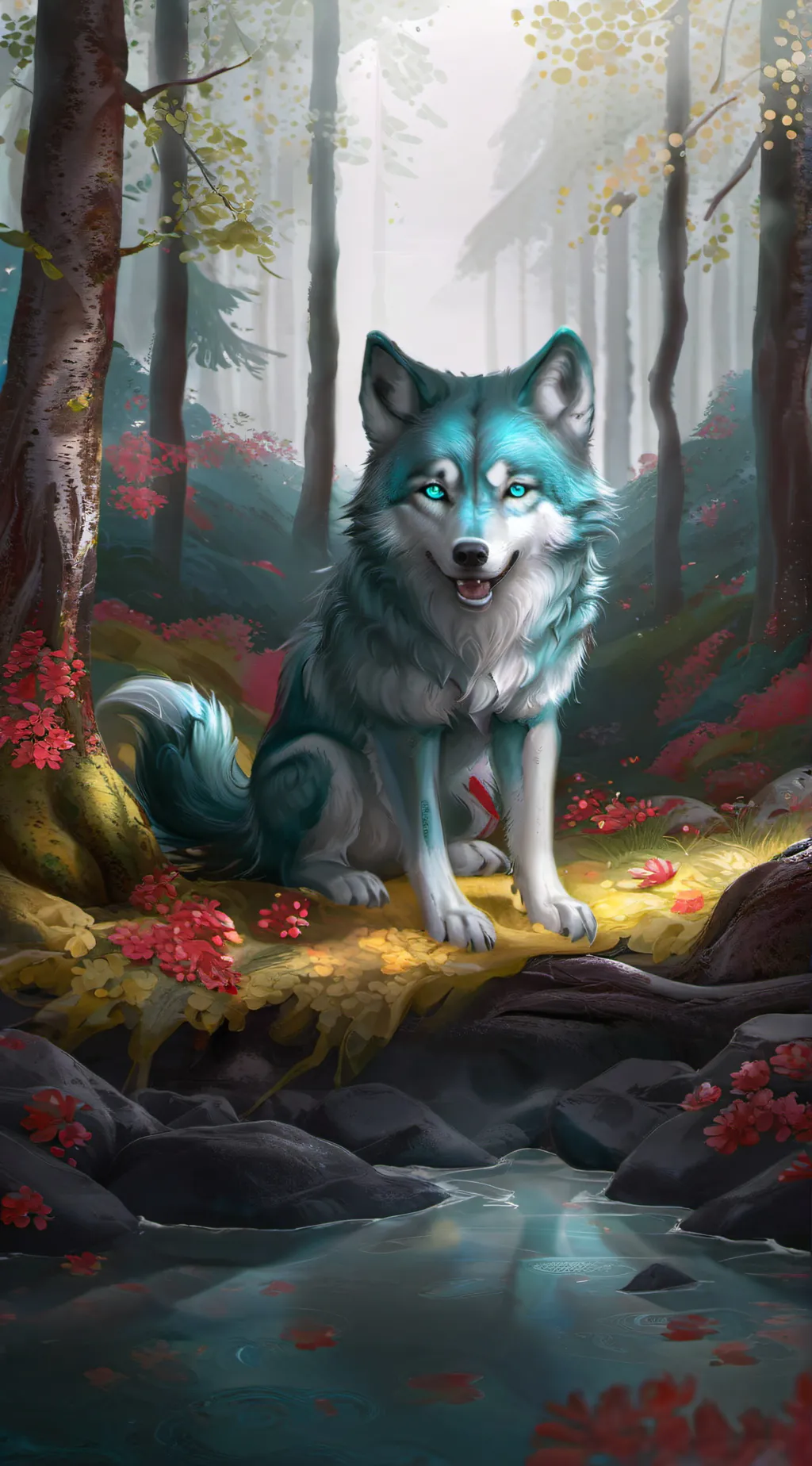 ai character: teal wolf pup background