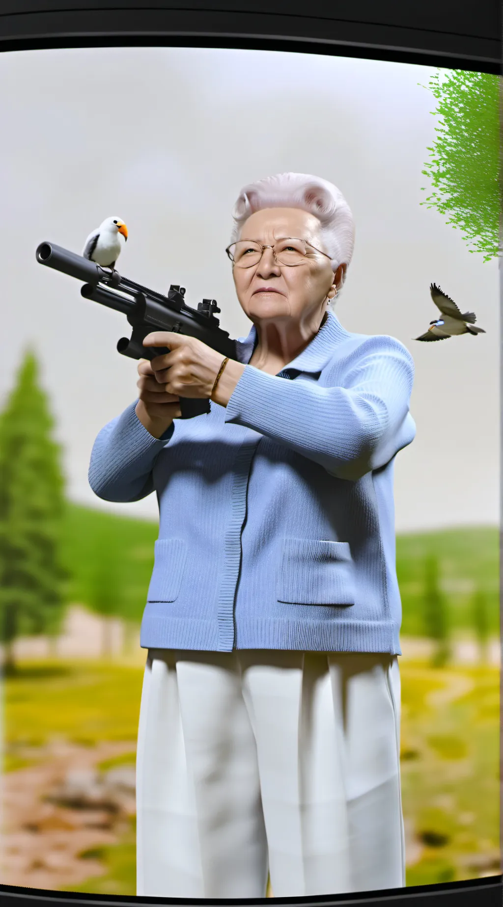 ai character: Grandma with a gun background