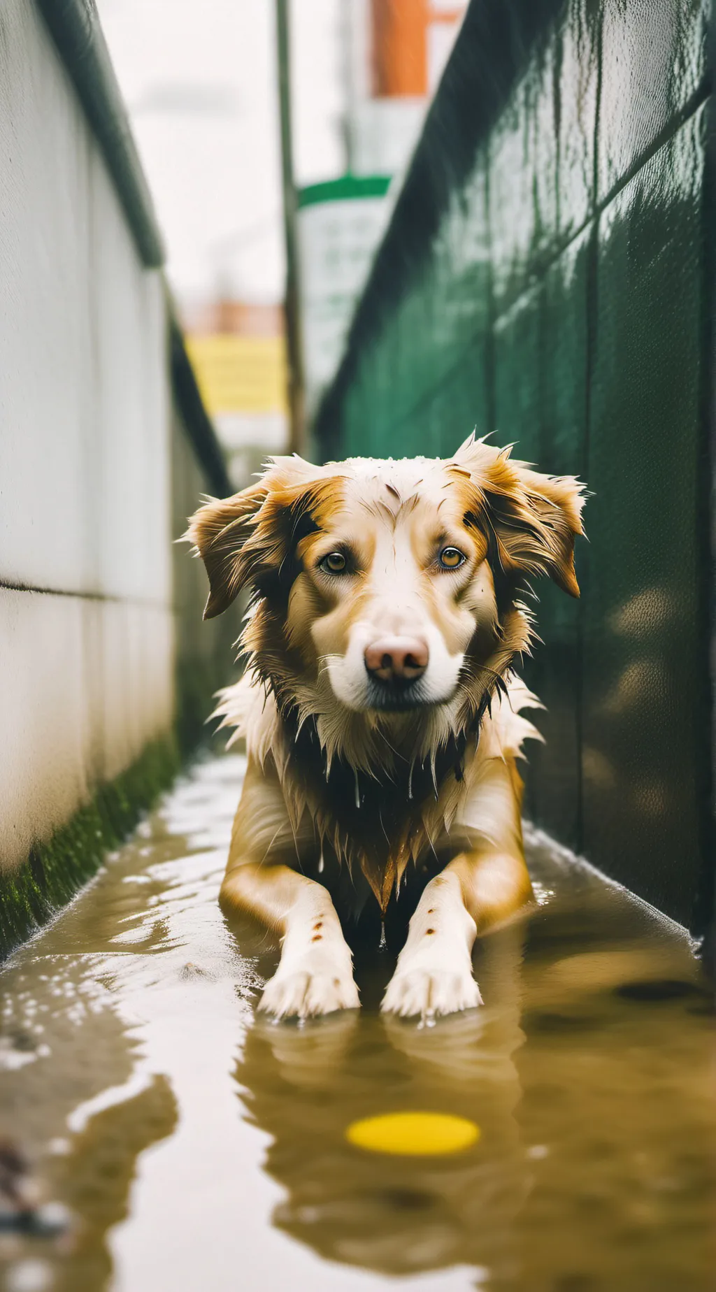 ai character: wet sad dog background