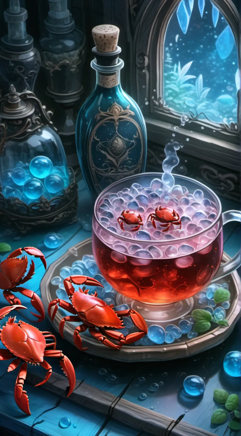 ai character:  Crab girl potion background