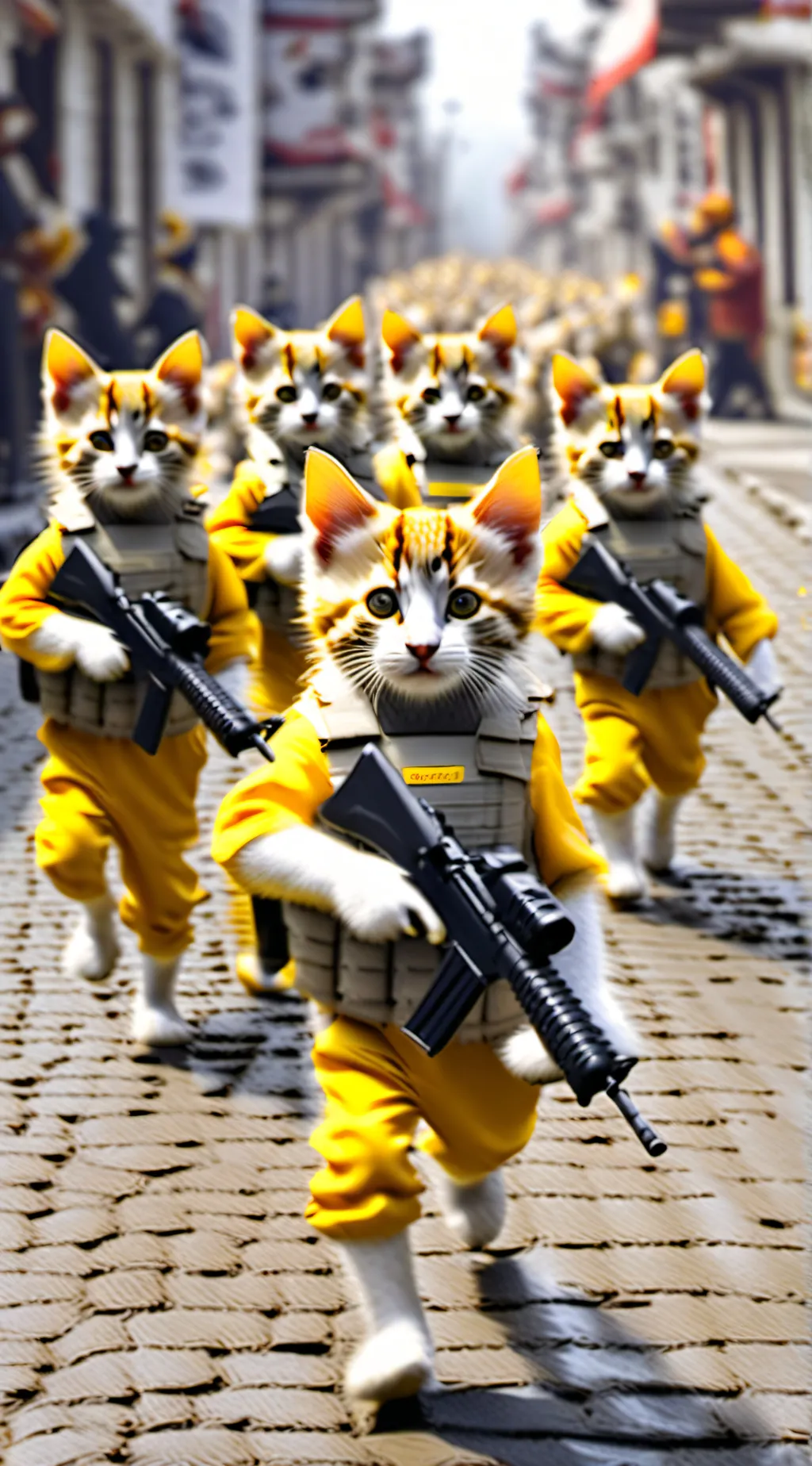 ai character: army cats marching background