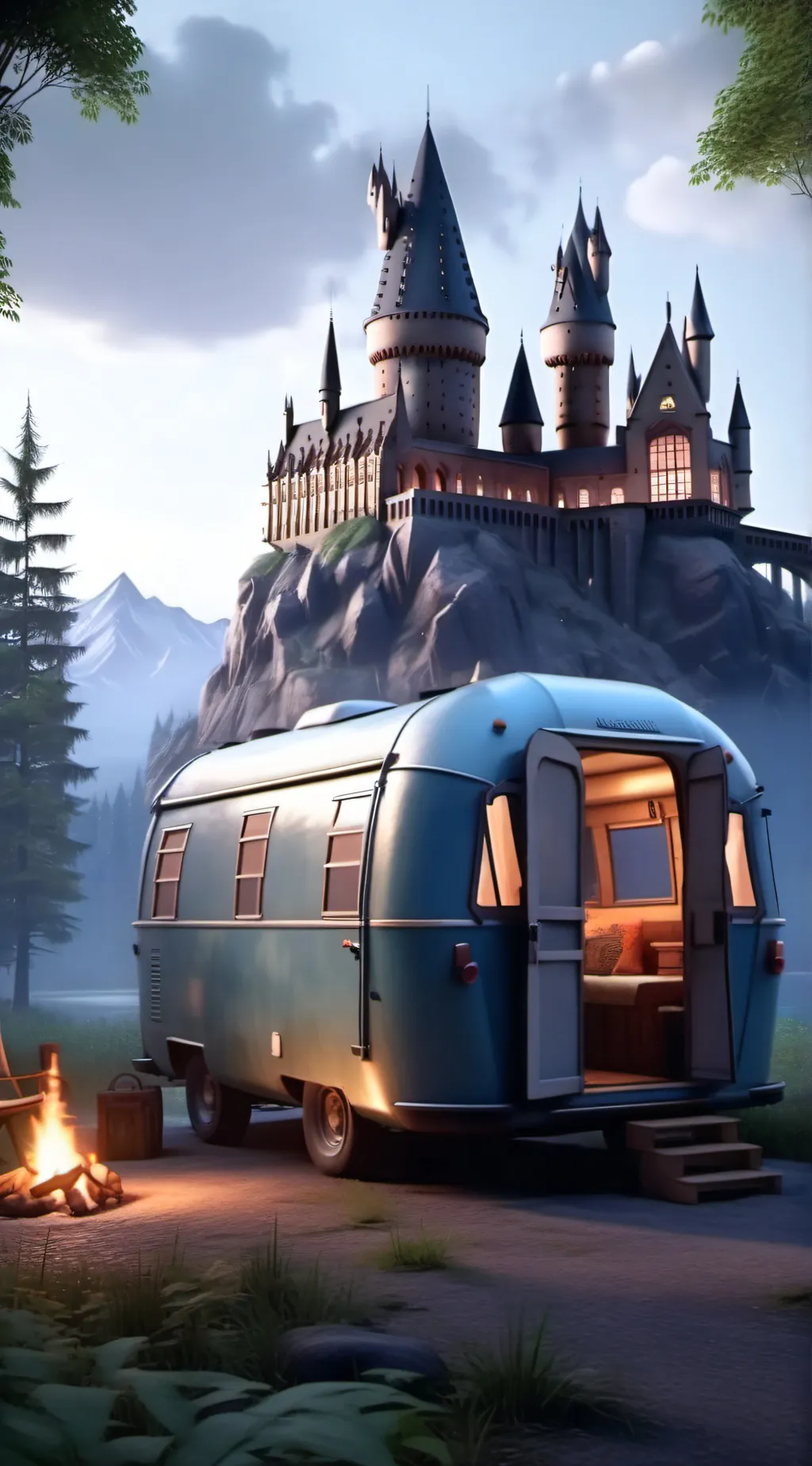 ai character: Hogwarts camping background