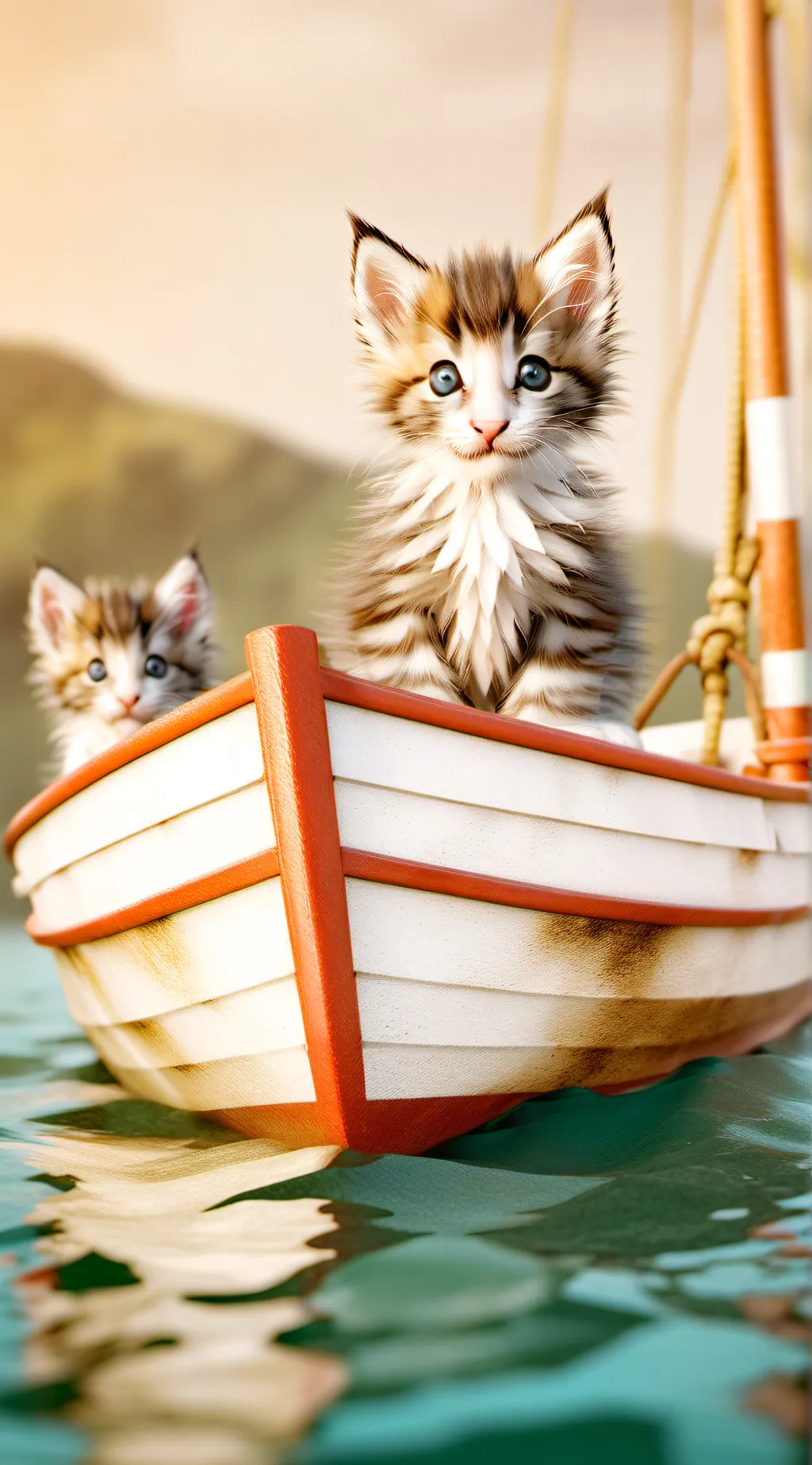 ai character: Kittens on a boat background