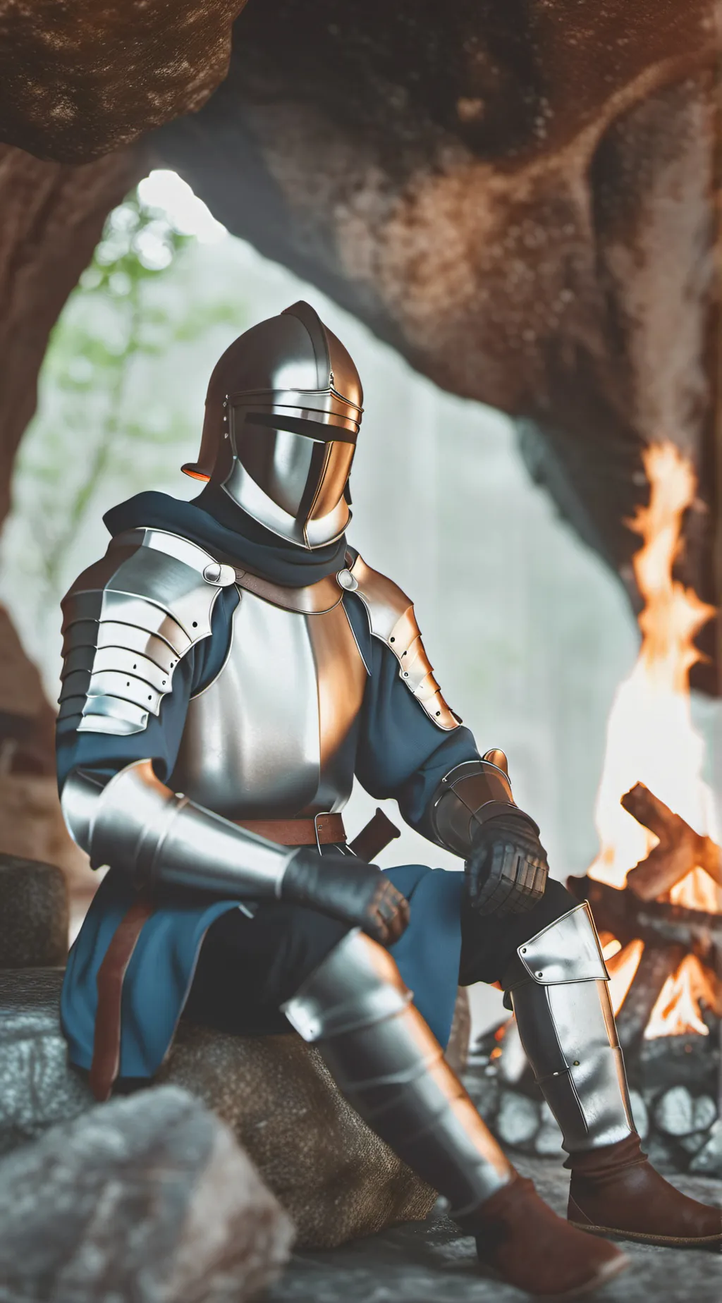 ai character: Knight by the fire background