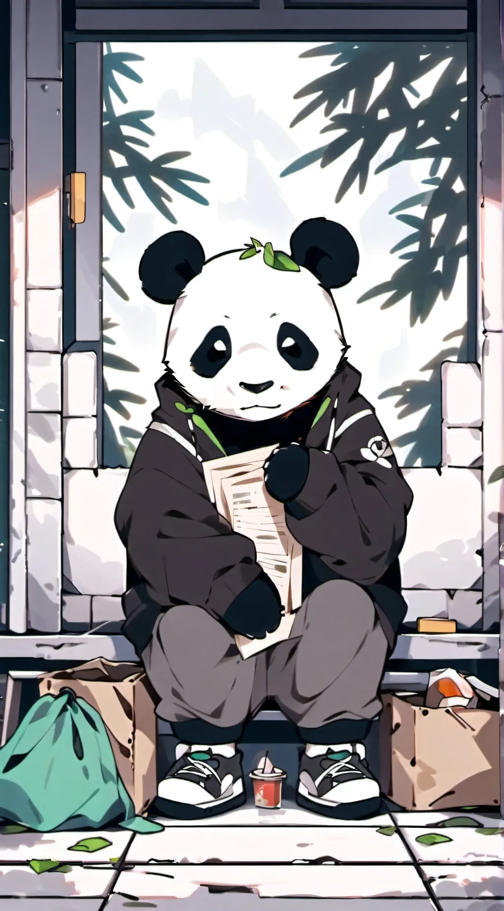 ai character: homeless panda background