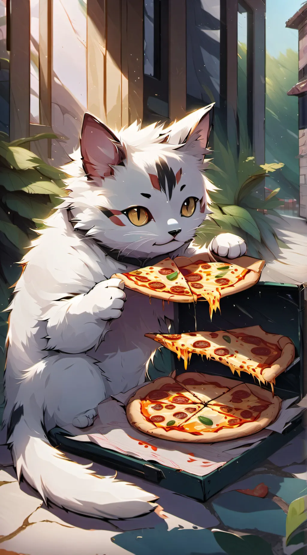 ai character: homeless pizza cat background