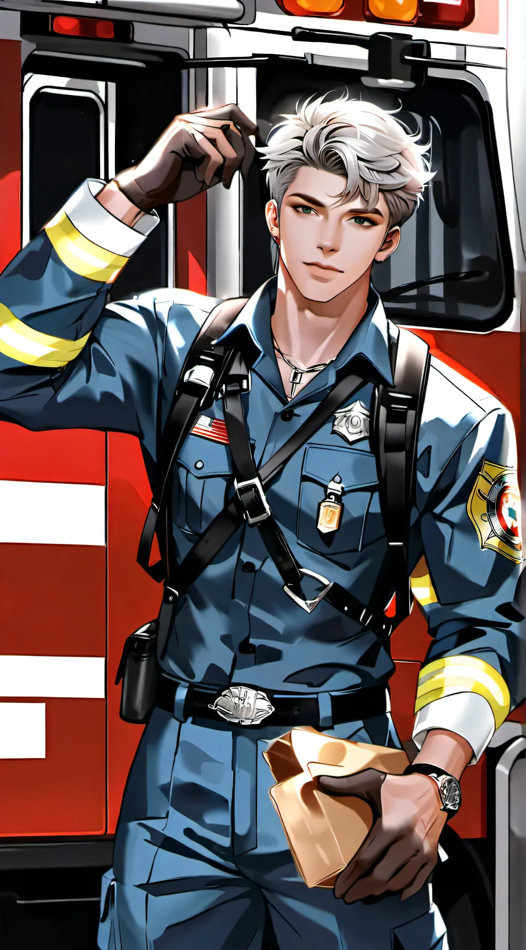 ai character: firefighter Jake  background