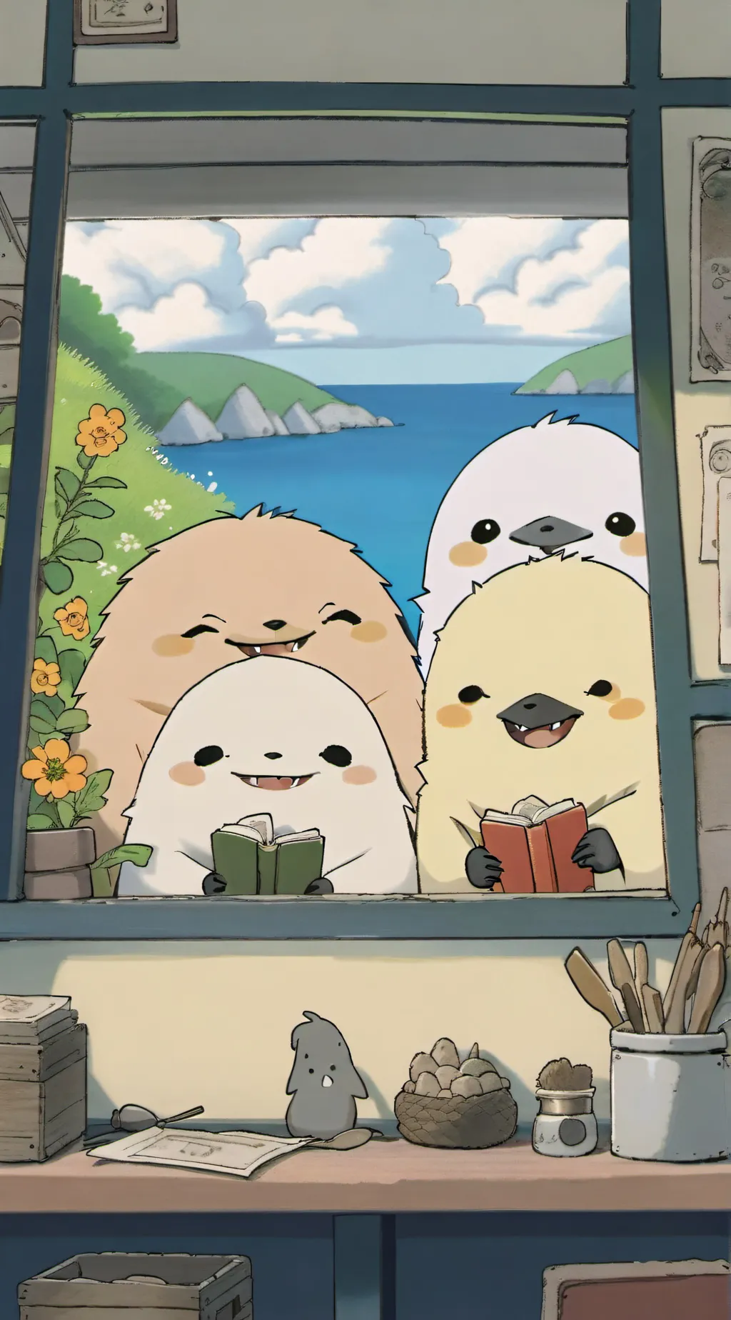 ai character: smiling critters background