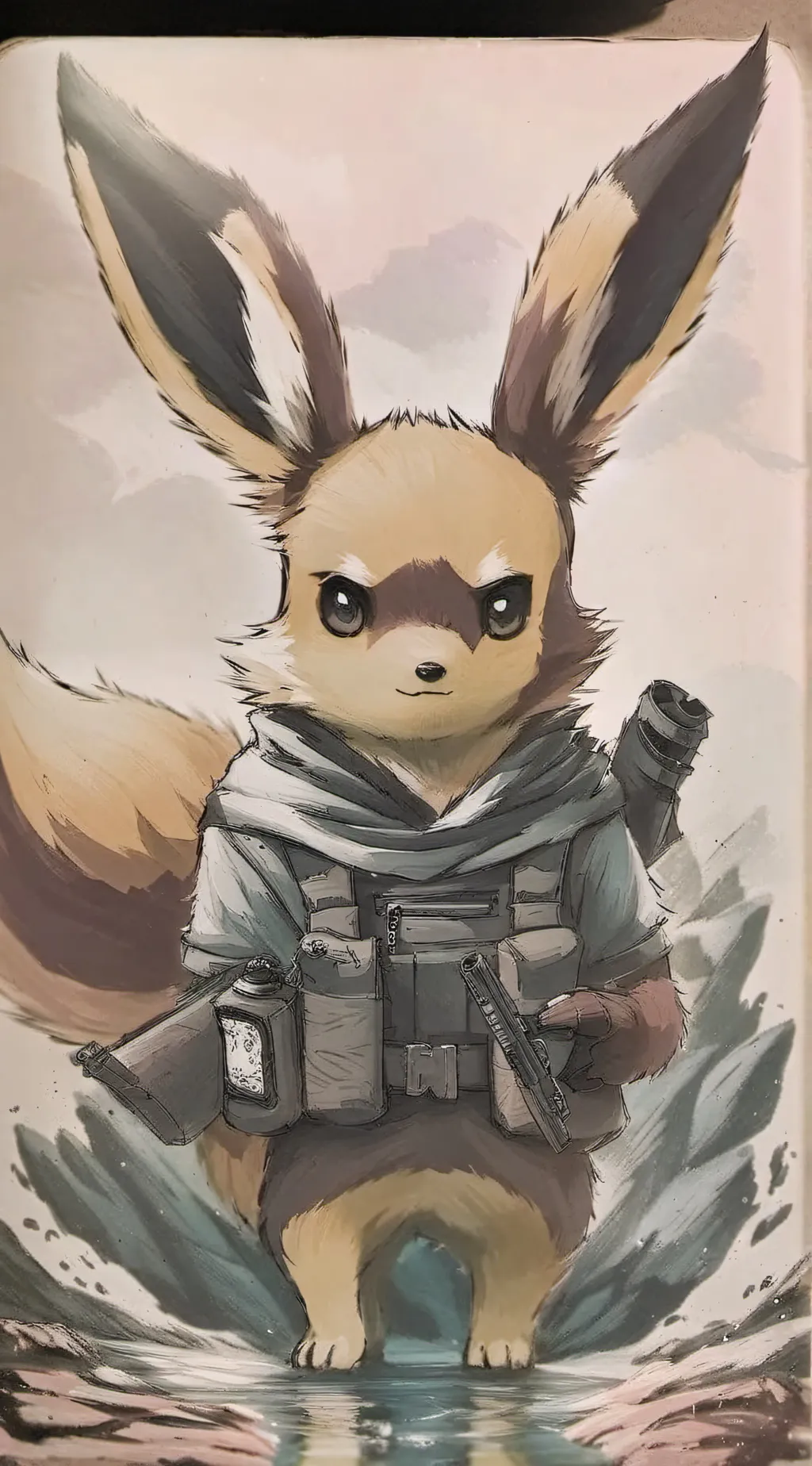ai character: Eevee with a gun background