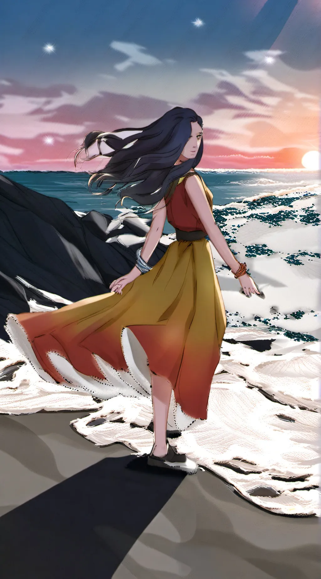 ai character: stroll at beaches. background