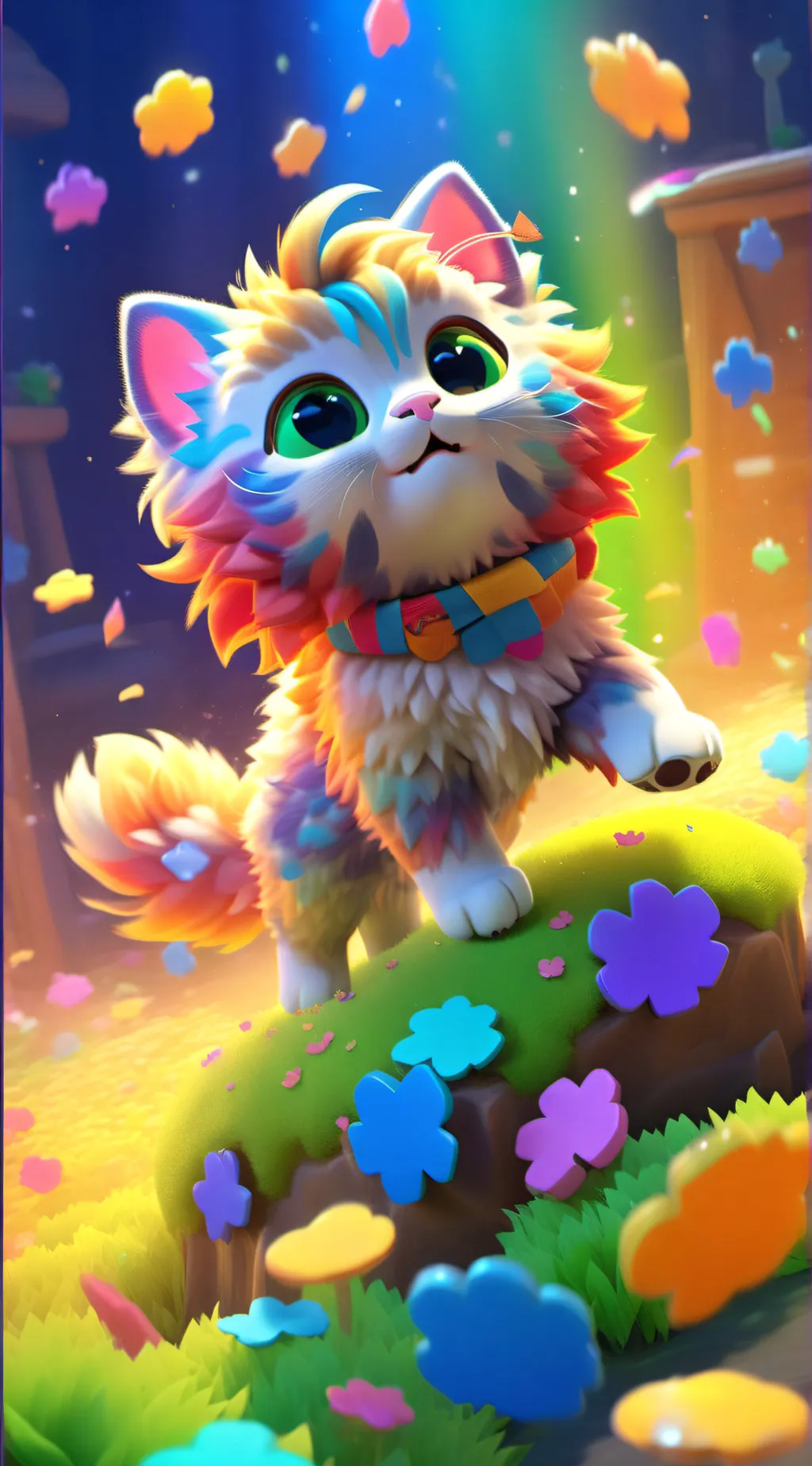 ai character: rainbow kitten  background