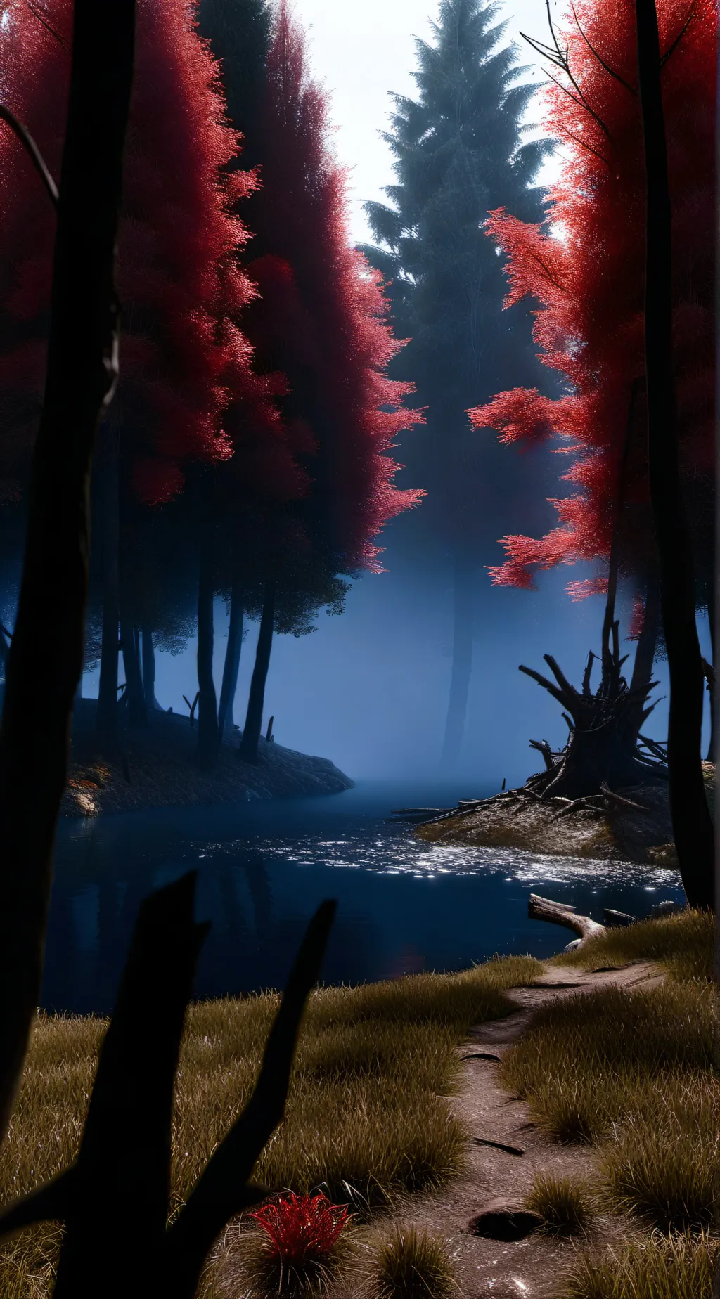 ai character: dark bloody forest background