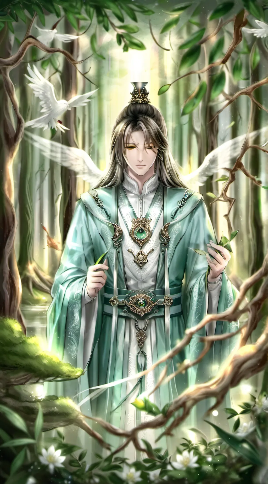 ai character: God of the forest background
