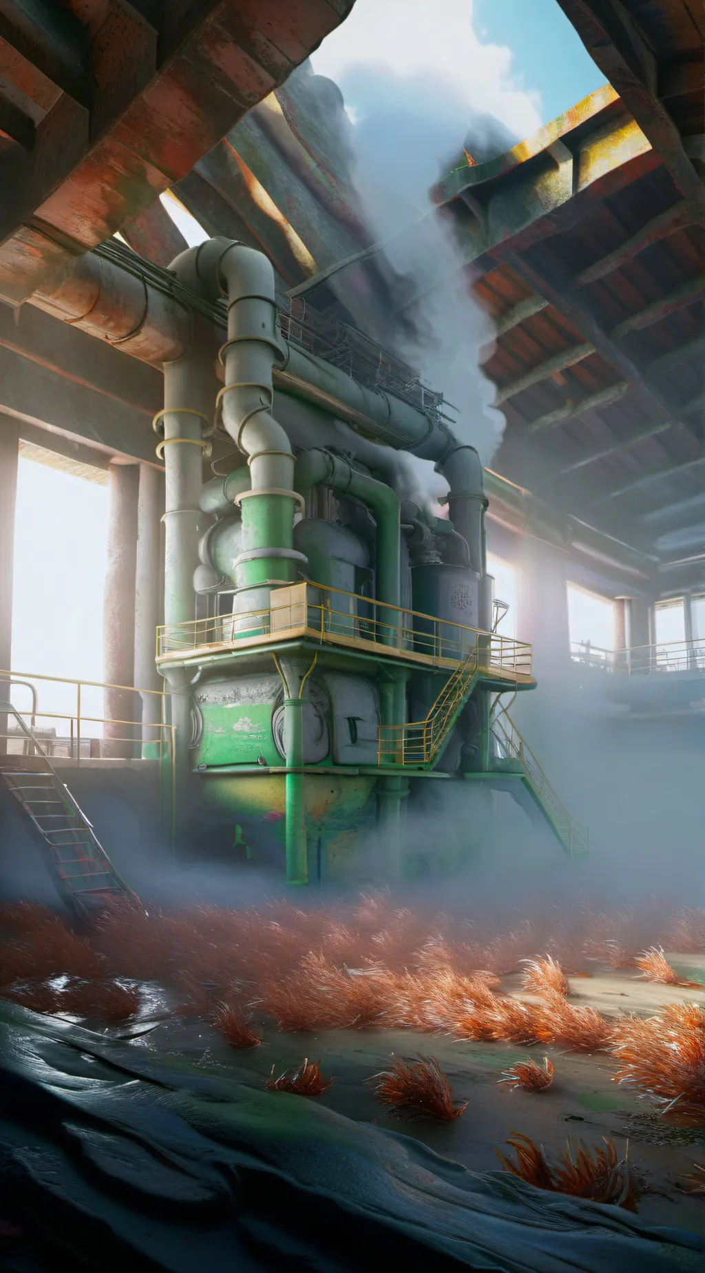 ai character: abandoned factory background