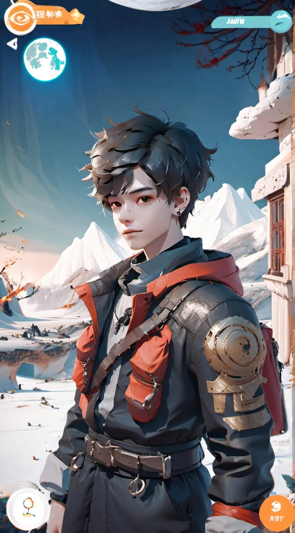 ai character: moon sun and ocean background