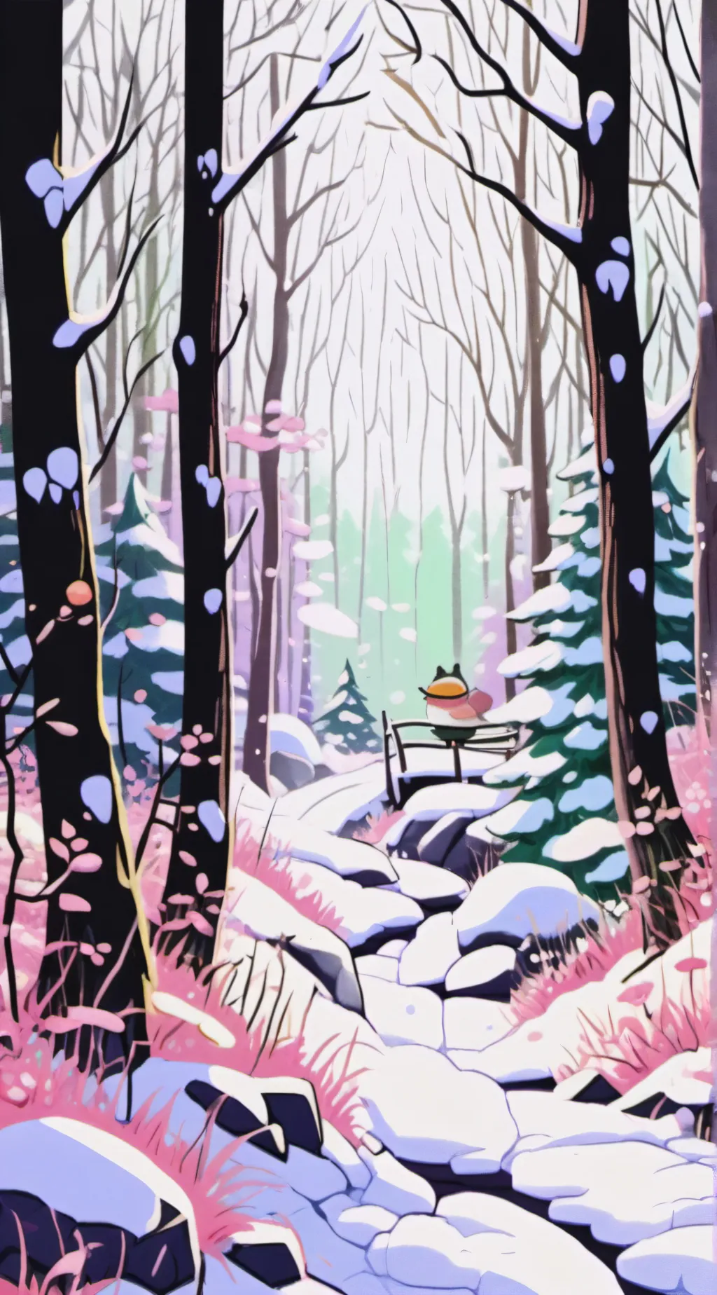 ai character: snowy forest background