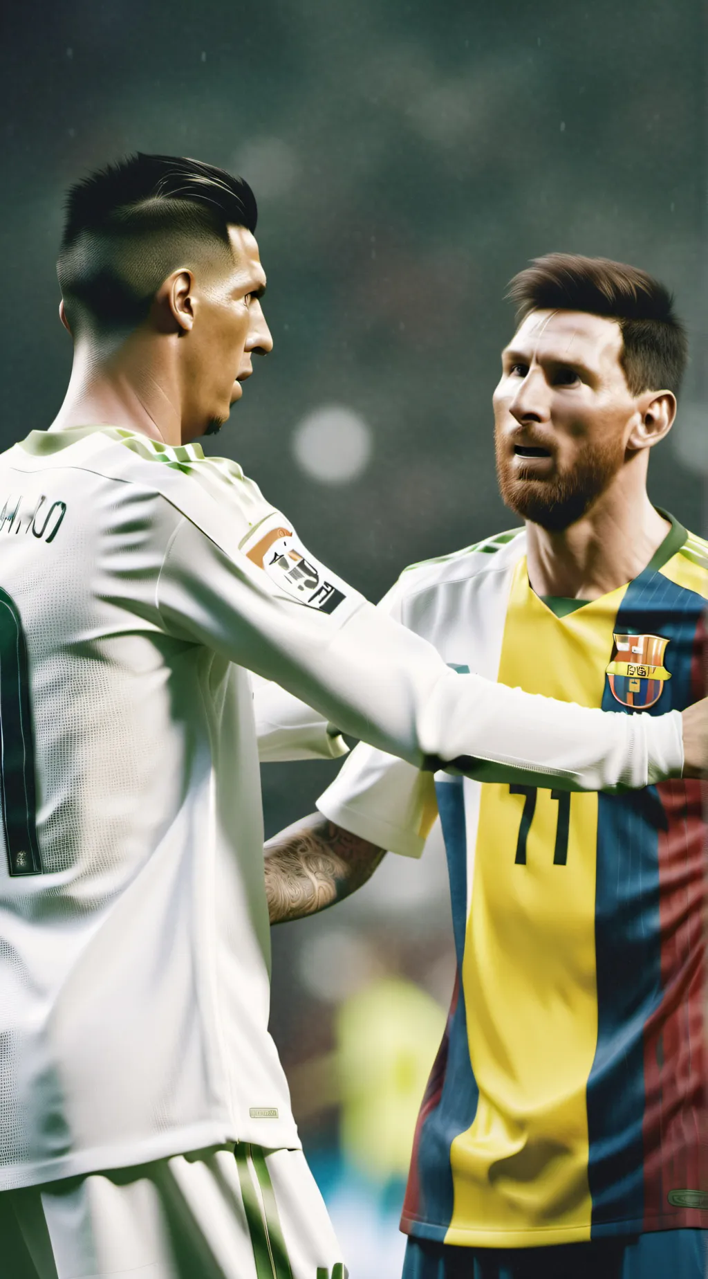 ai character: Ronaldo 🟥🟩 Messi🟦⬜ background