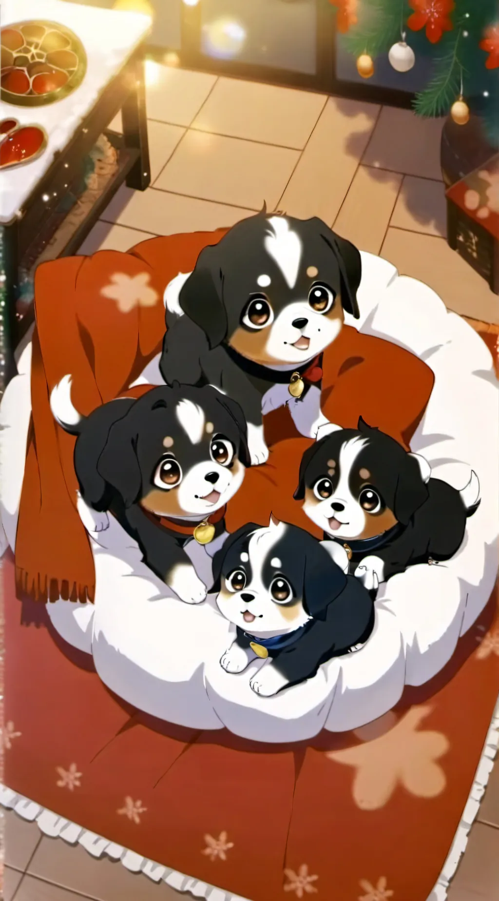 ai character: 4 puppies newborn background