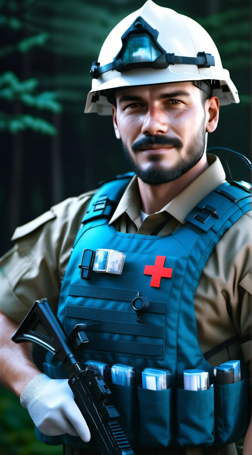 ai character: Blue Combat medic  background