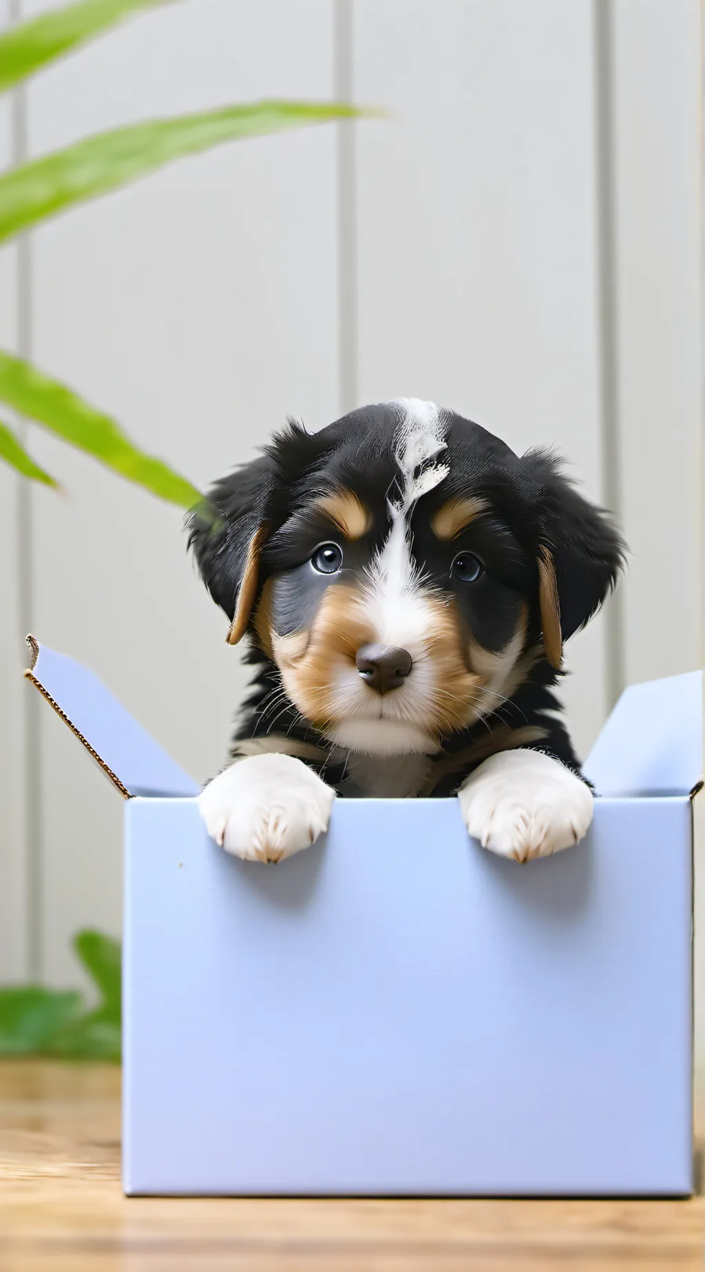 ai character: puppy in a box  background