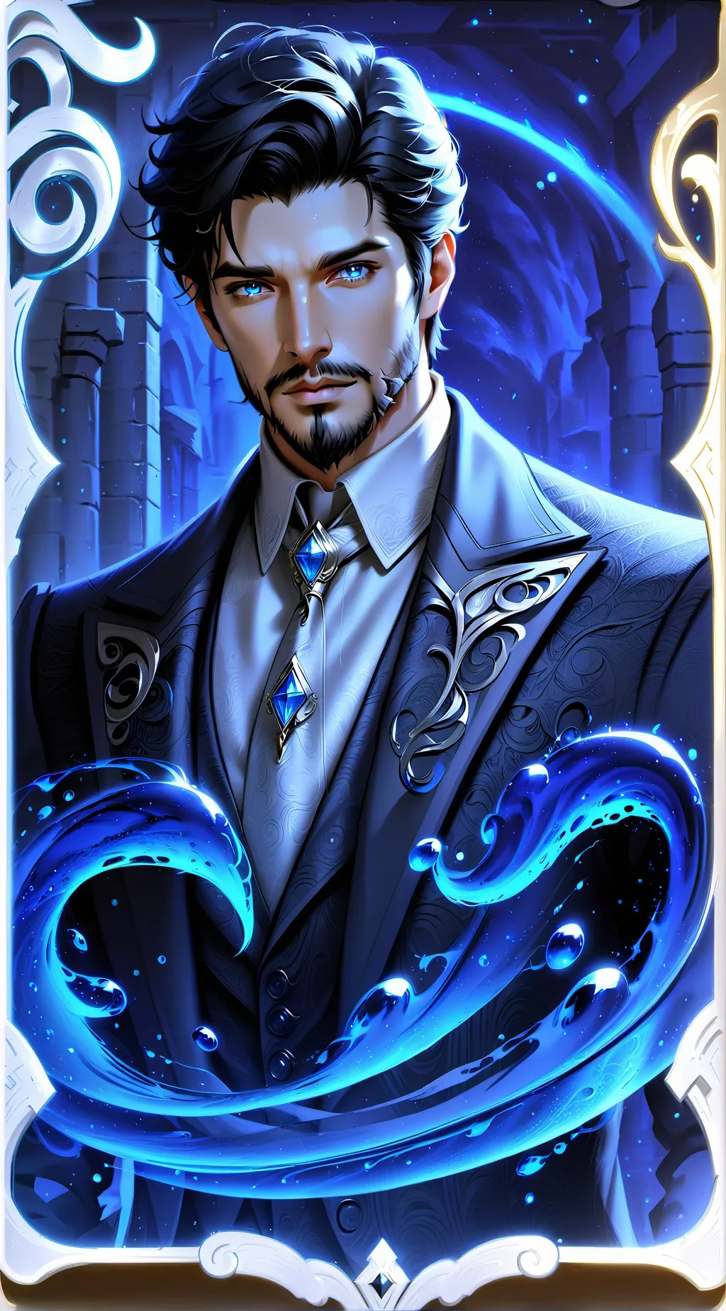 ai character: Poseidon Damascus background