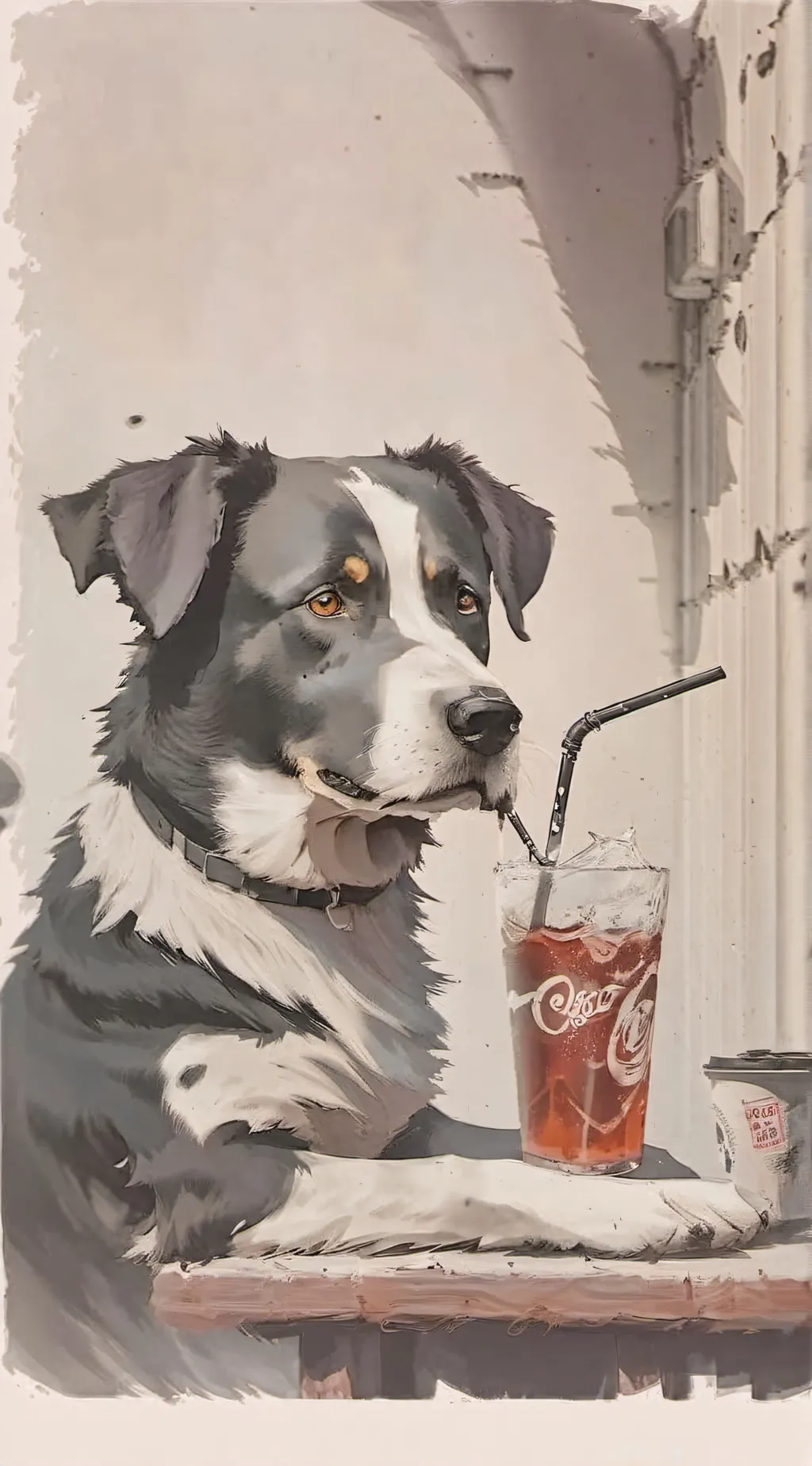 ai character: Dog drinking coke background