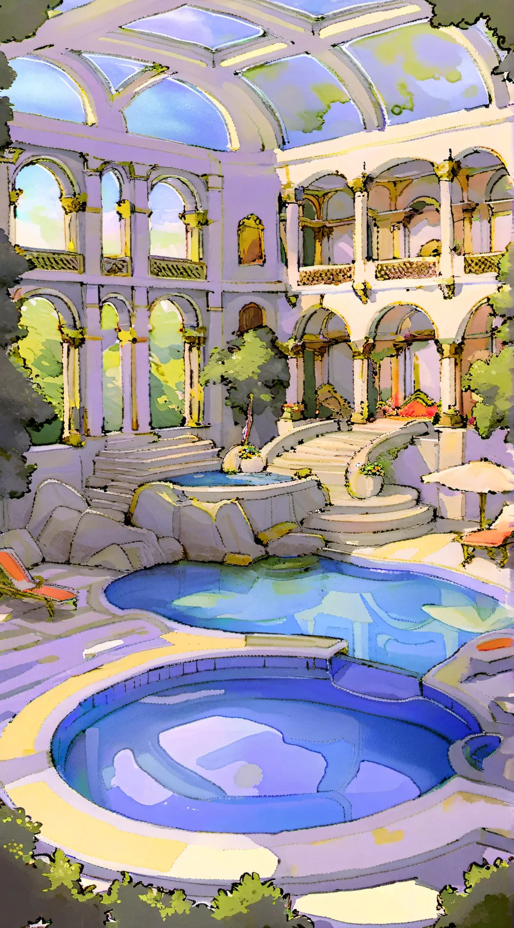 ai character: Hazbin pool party background