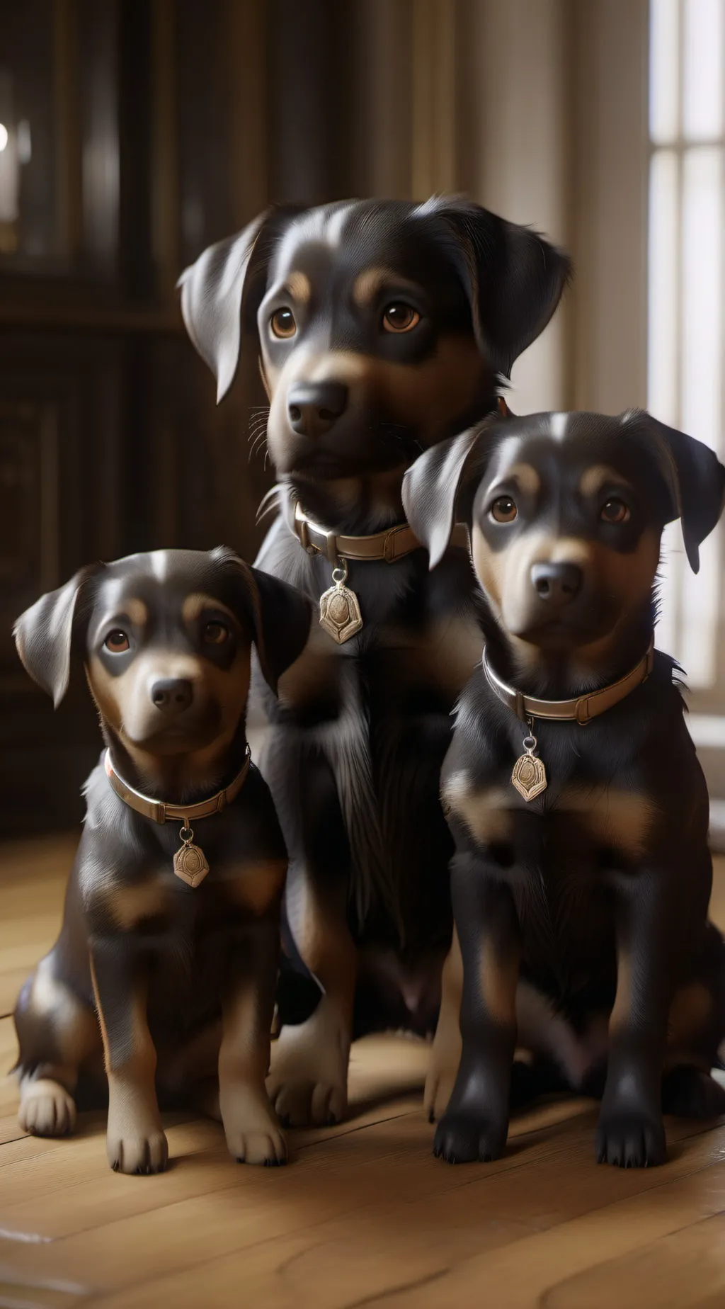 ai character: mama dog and 3 pup background