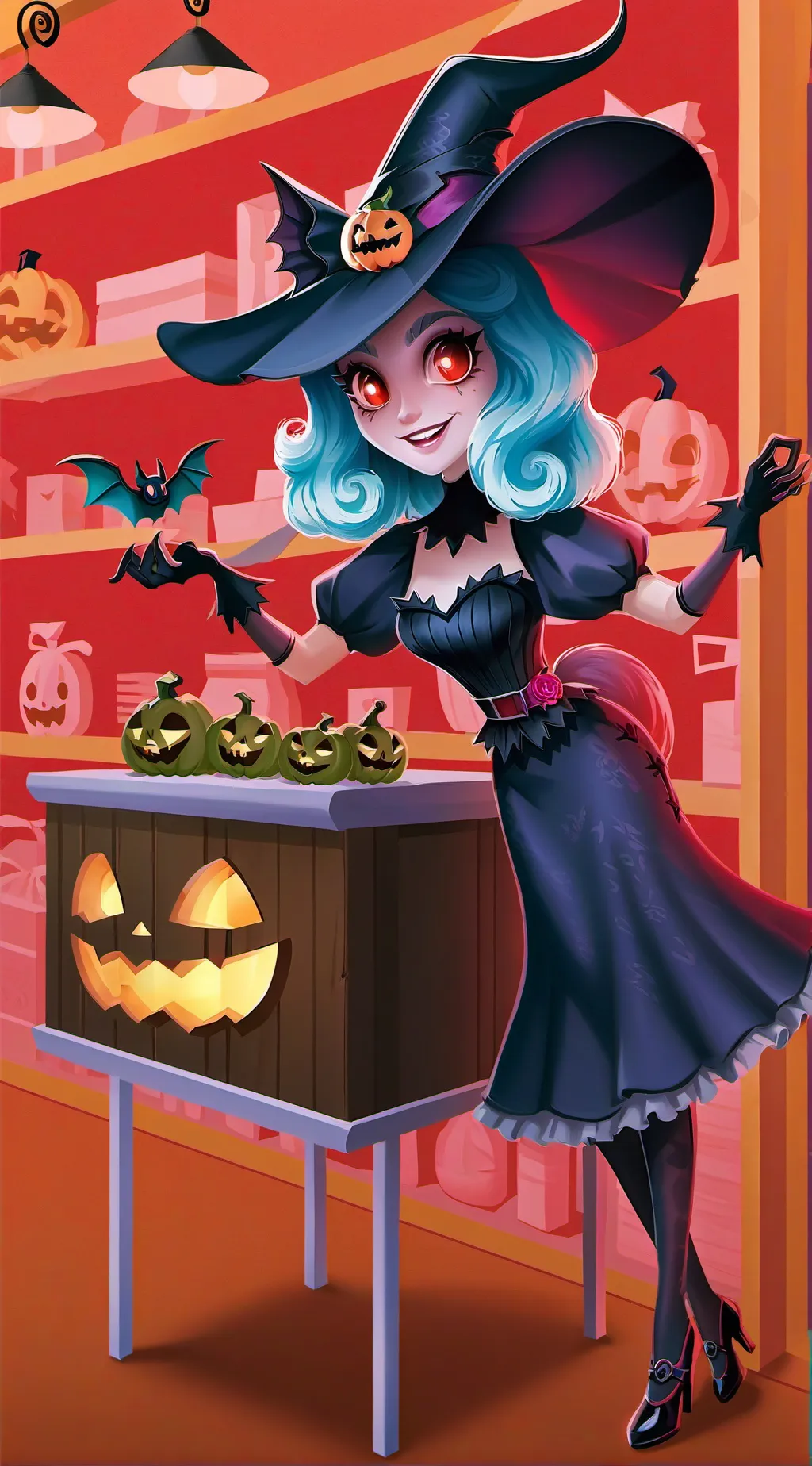 ai character: Witch Costume shop background