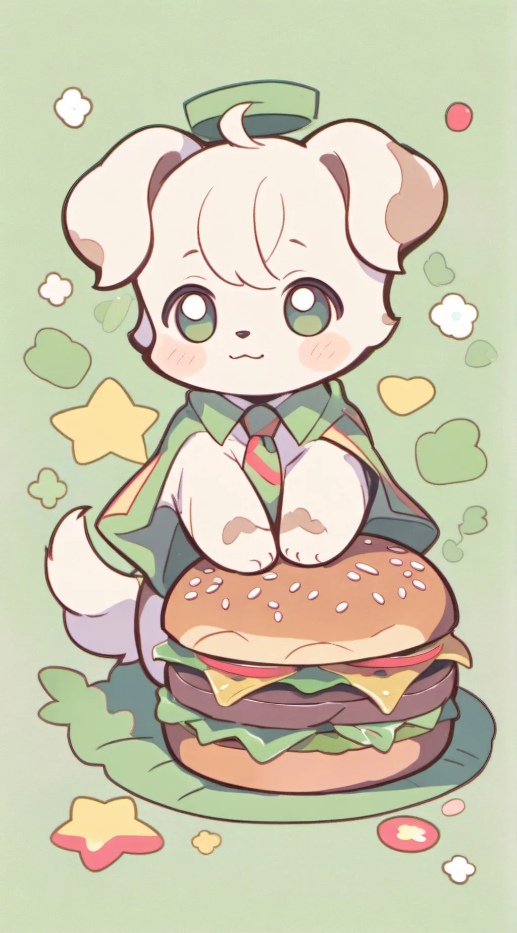 ai character: puppy with burger background