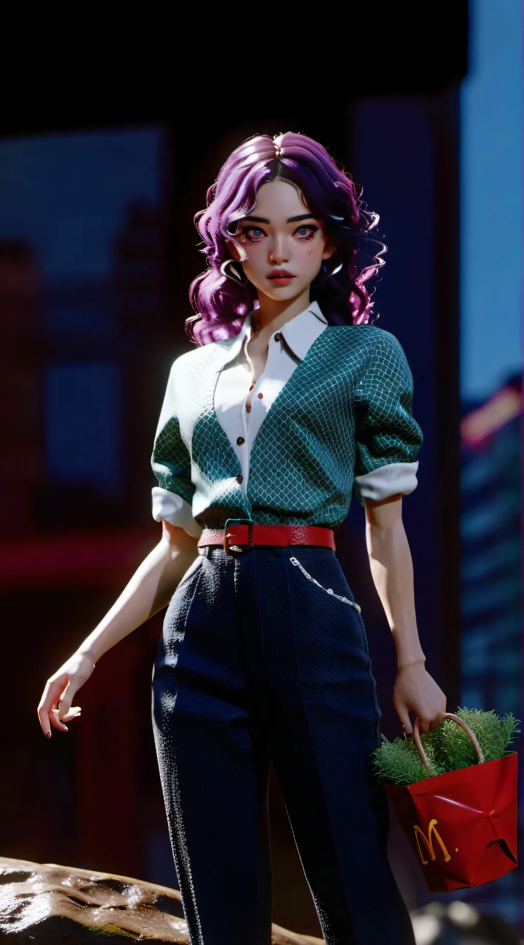 ai character: Tara but McDonalds background