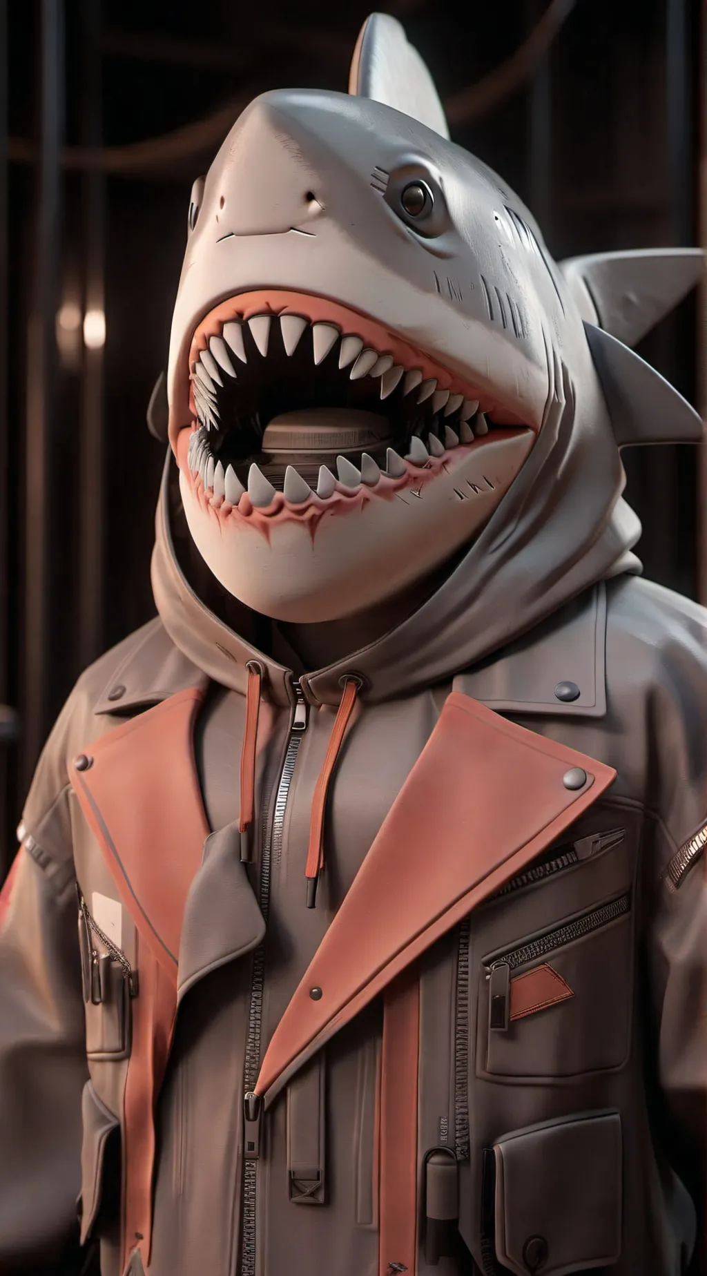 ai character: Shark costume  background