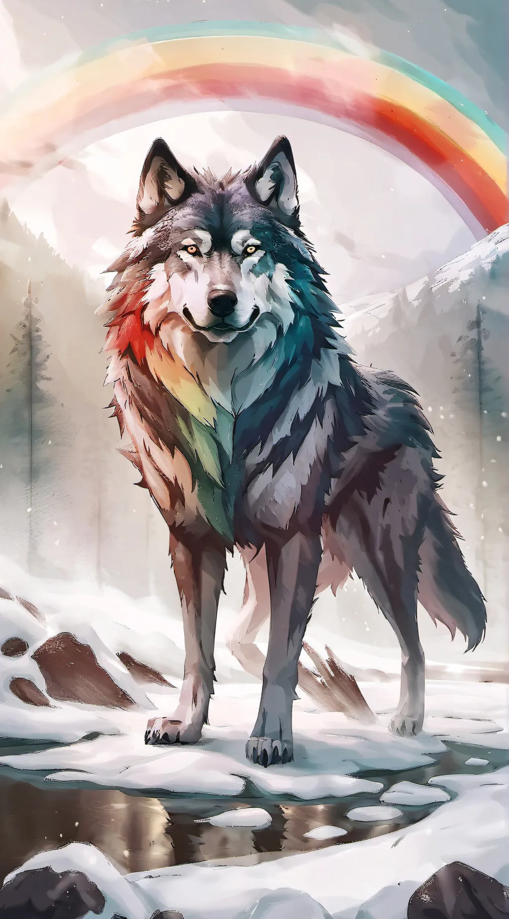 ai character: giant ranbow wolf background