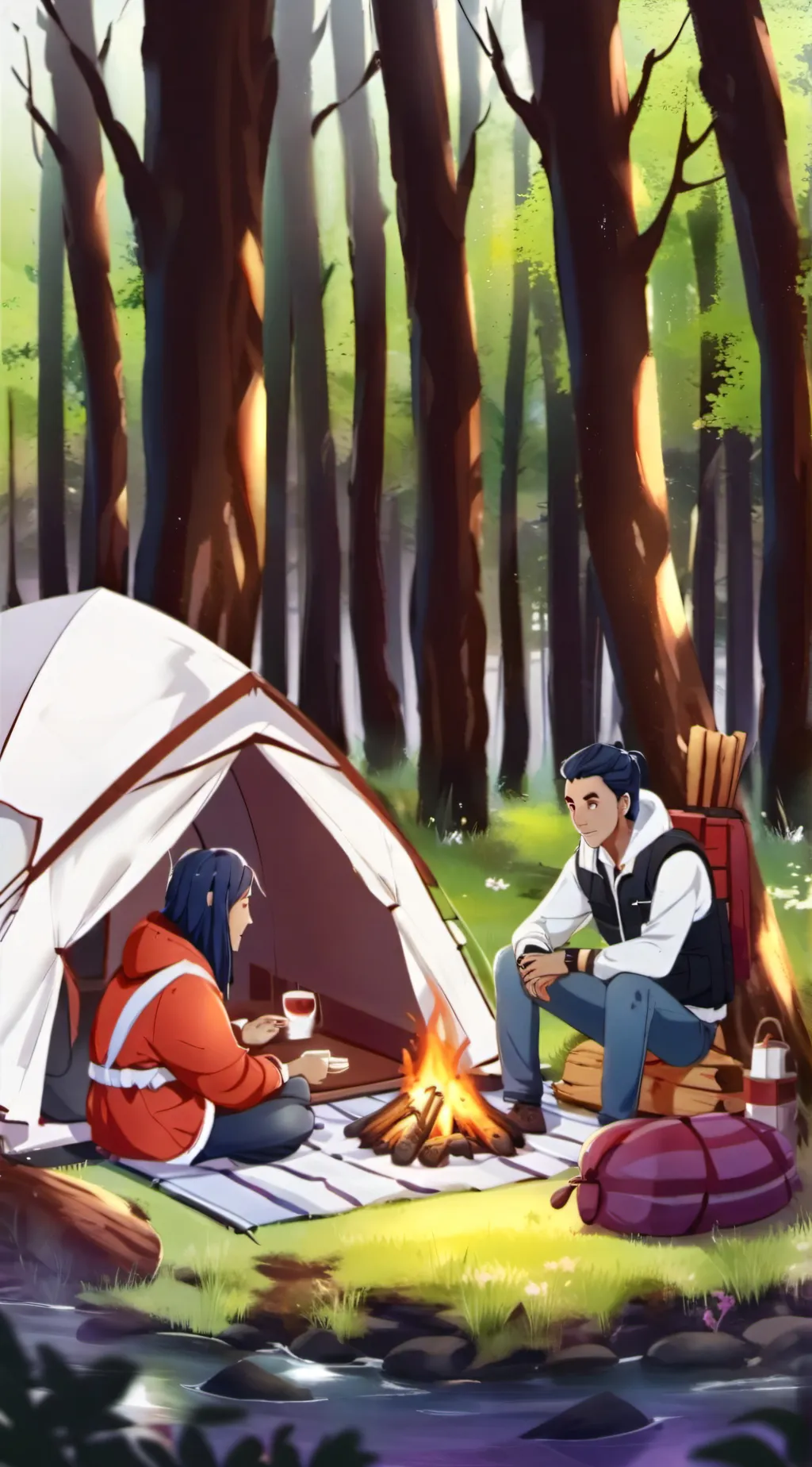 ai character: friends camping  background