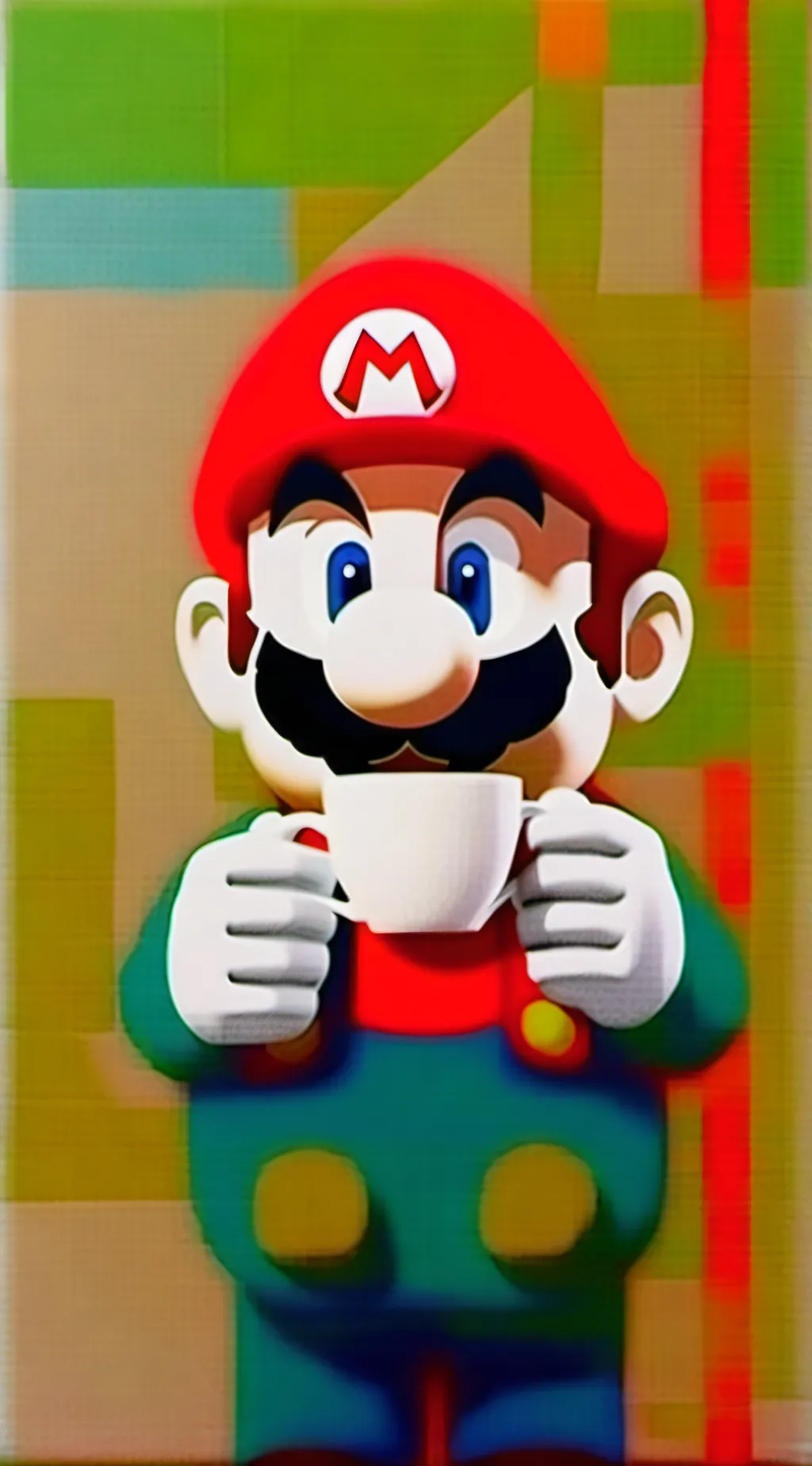 ai character: mario drinks coffe background
