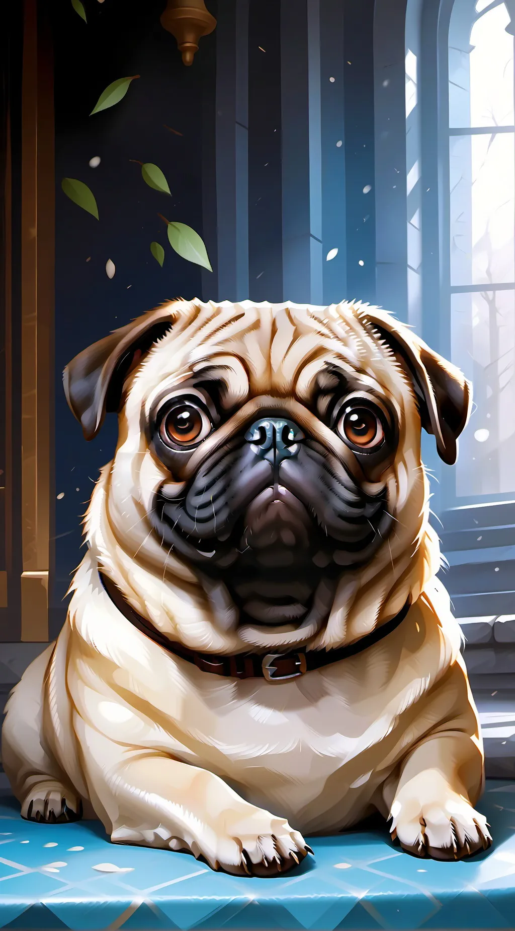 ai character: Fat sad pug background