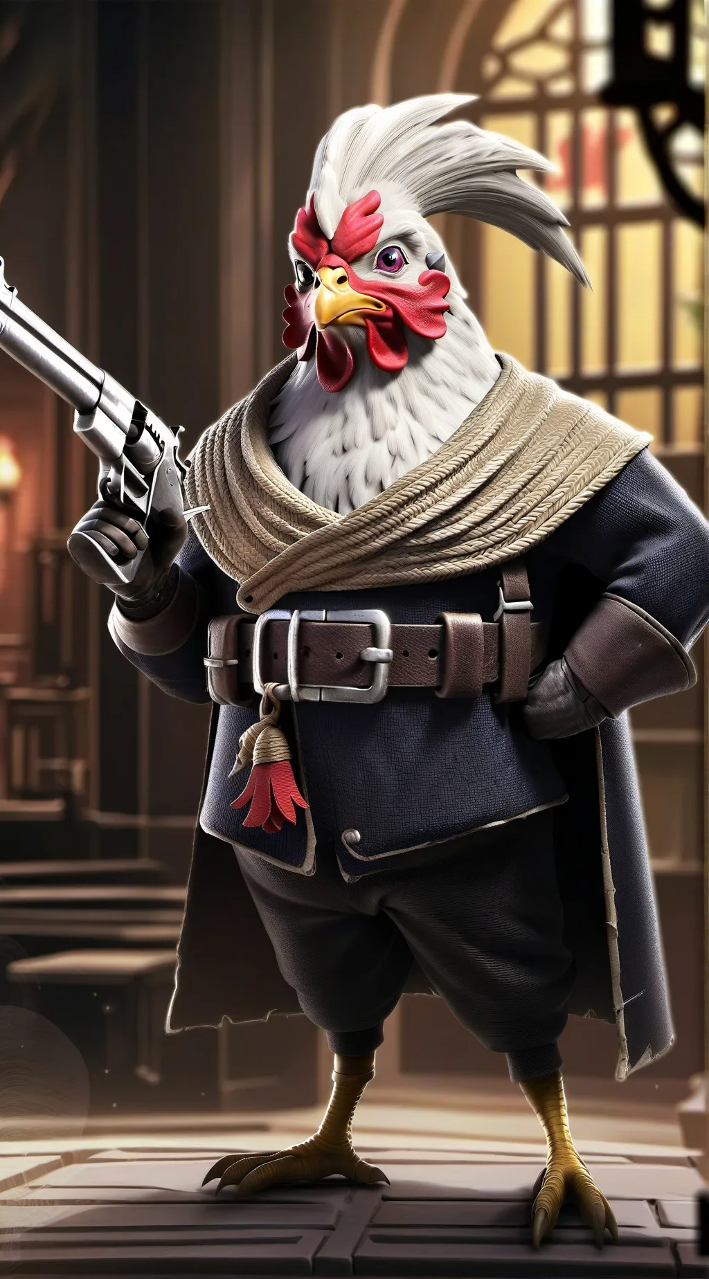 ai character: Chicken gun Kevin  background